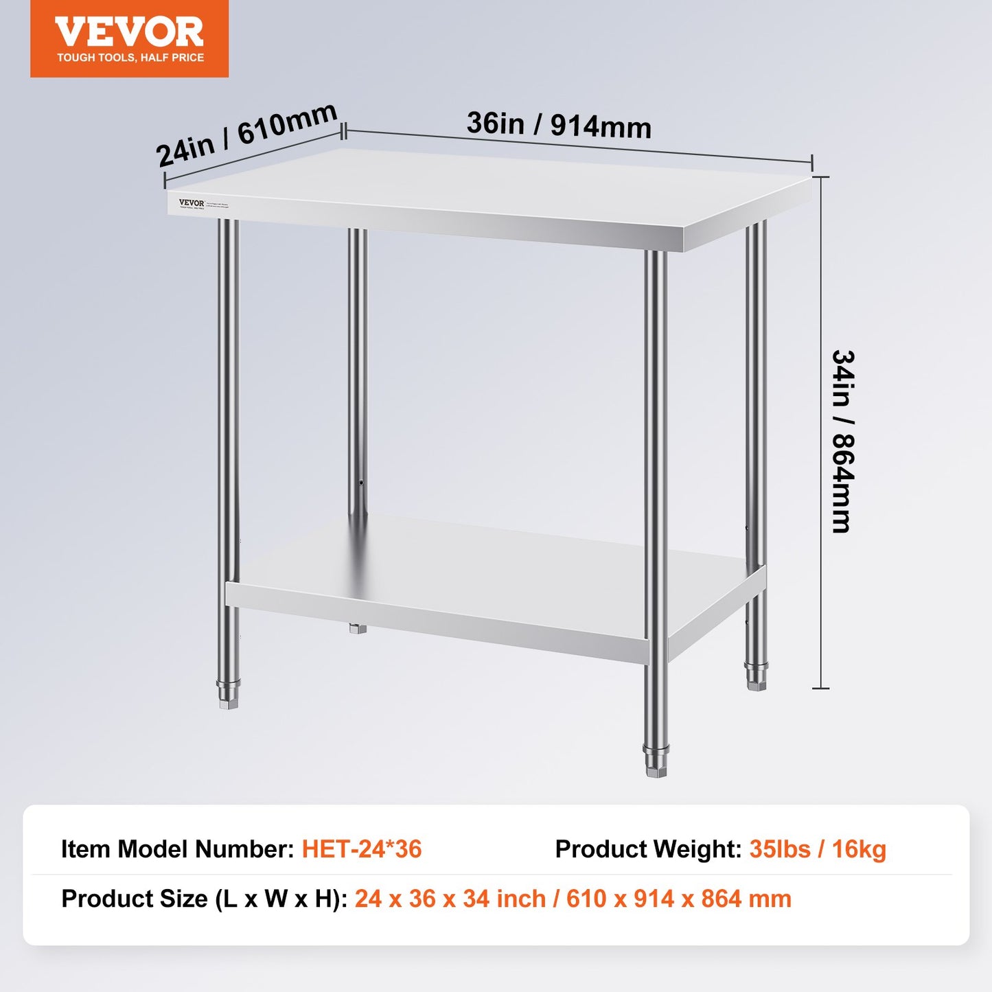 Stainless Steel Prep Table, 24 x 36 x 34 Inch, 750 lbs Load Capacity, Heavy Duty Metal Worktable with 3 Adjustable Height Levels, Commercial Workstation for Kitchen Garage Restaurant Backyard