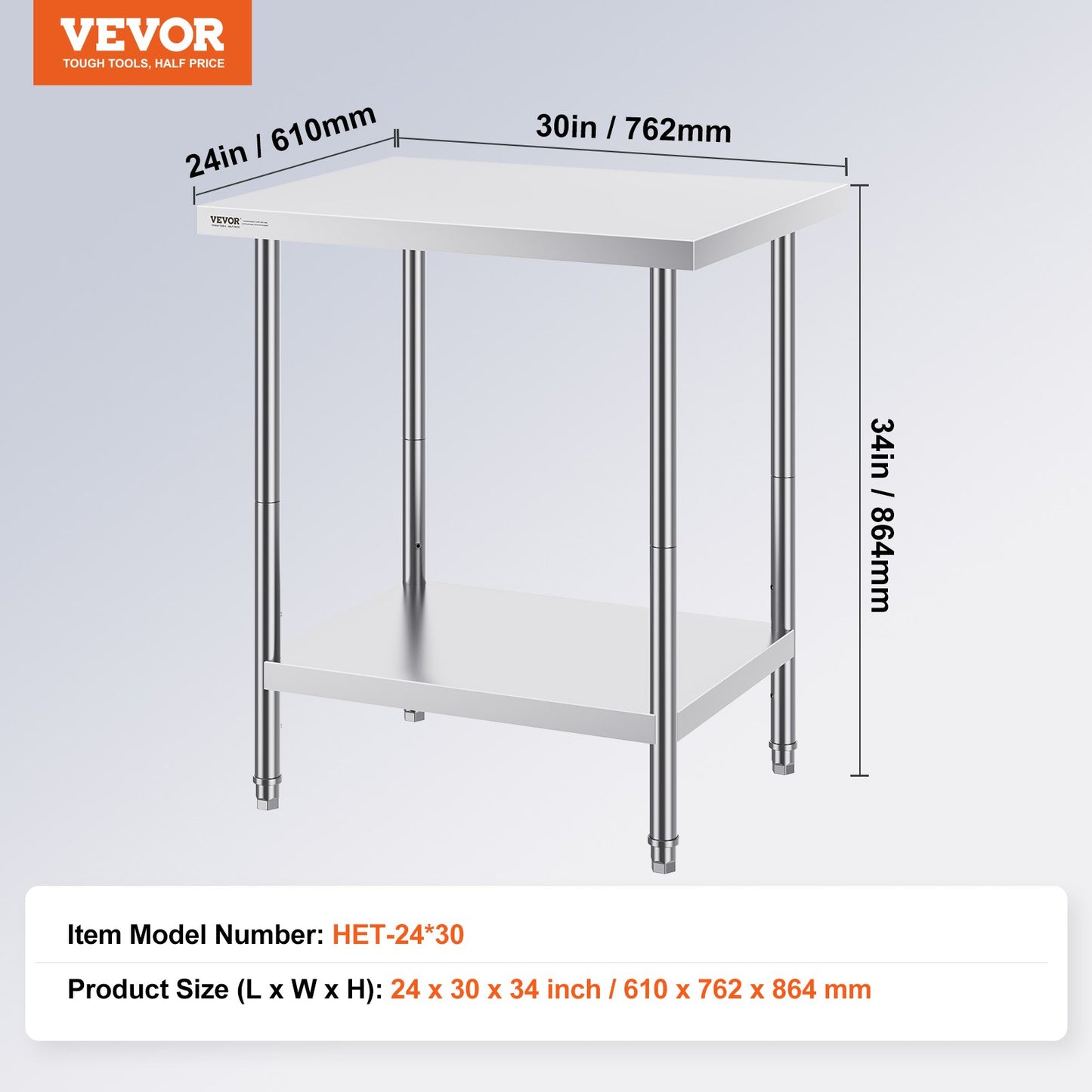 Stainless Steel Prep Table, 24 x 30 x 34 Inch, 700 lbs Load Capacity, Heavy Duty Metal Worktable with 3 Adjustable Height Levels, Commercial Workstation for Kitchen Garage Restaurant Backyard