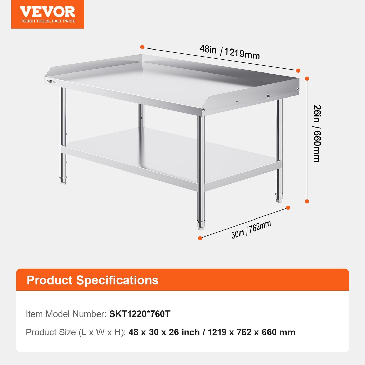 Stainless Steel Work Table, 30 x 48 x 26 Inch Commercial Food Prep Worktable, 3-Sided Backsplash Heavy Duty Prep Worktable, Metal Work Table with Adjustable Height for Restaurant Home Hotel
