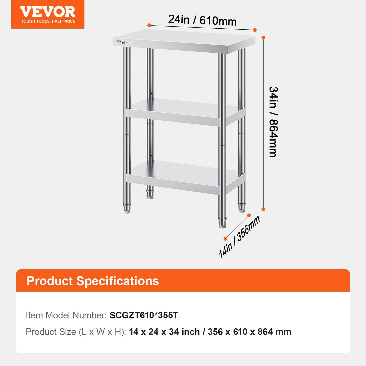 Stainless Steel Food Prep Table, 14 x 24 x 34 Inch Commercial Kitchen Worktable, with 2 Adjustable Undershelf, Heavy Duty Prep Table Metal Work Table for BBQ, Kitchen, Home, and Garage
