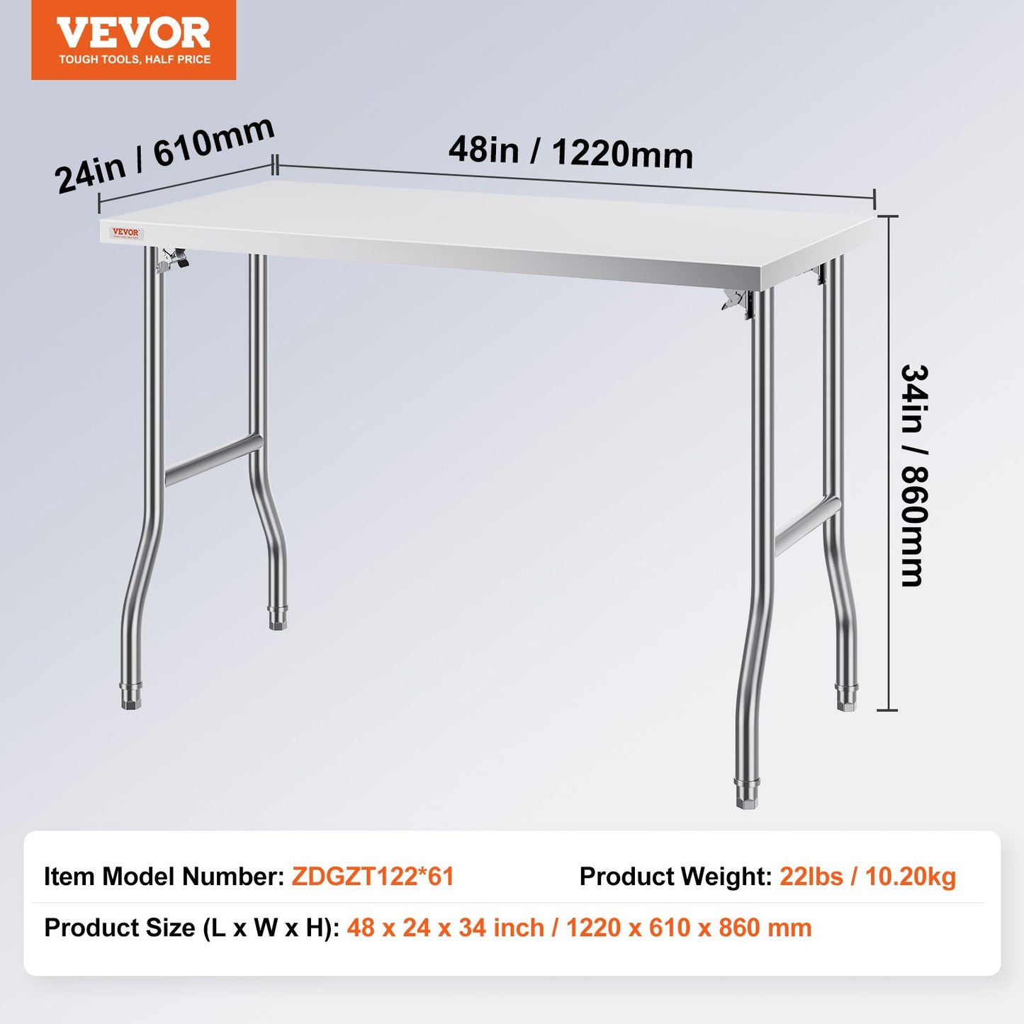 Folding Commercial Prep Table, 48 x 24 Inch Commercial Worktable Workstation, Heavy-duty Stainless Steel Folding Table with 300 lbs Load, Kitchen Work Table, for Home Kitchen Restaurant Garage