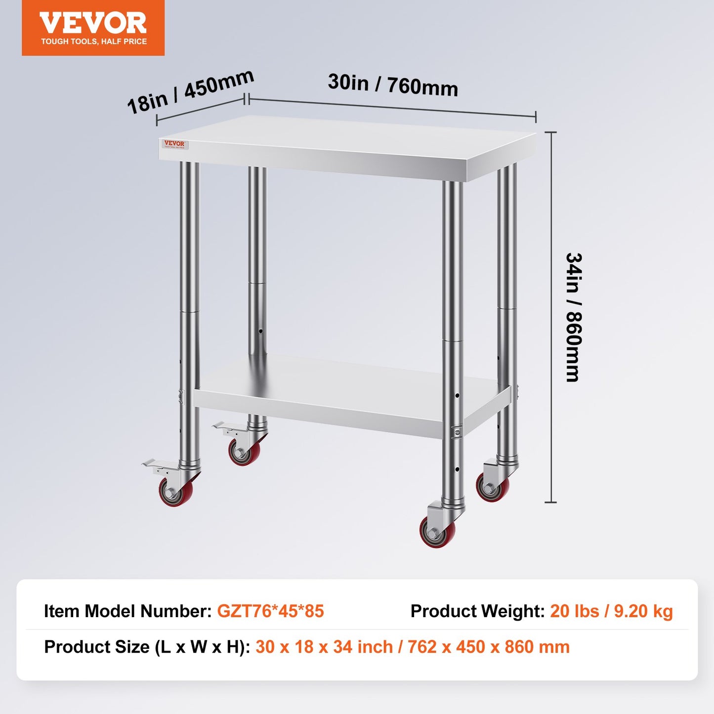 Stainless Steel Work Table 30 x 18 x 34 Inch, 700 LBS Load Capacity with 4 Wheels, 3 Adjustable Height Levels, Heavy Duty Food Prep Worktable for Commercial Kitchen Restaurant, Silver