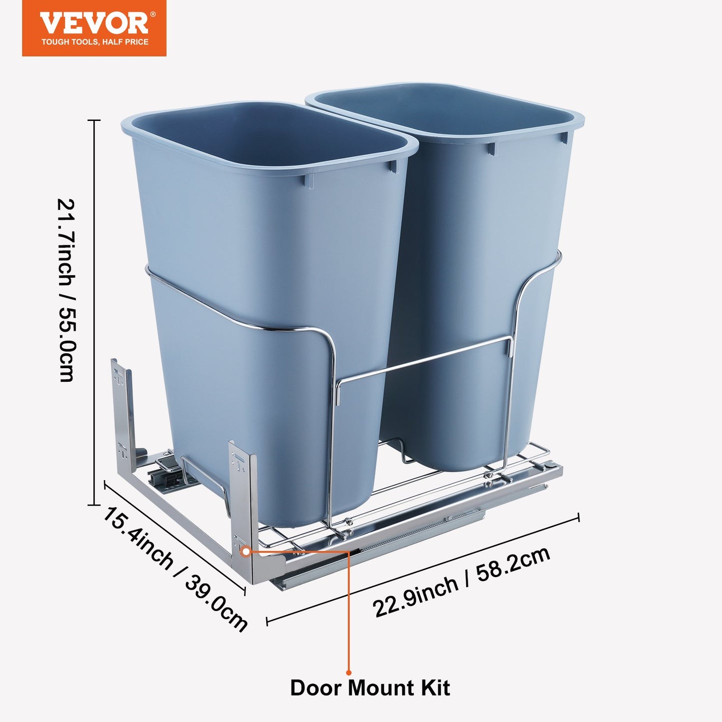 Pull-Out Trash Can, 35Lx2 Double Bins, Under Mount Kitchen Waste Container with Slide and Door Mounting Kit, 110 lbs Load Capacity Heavy Duty Garbage Recycling Bin for Kitchen Cabinet, Sink