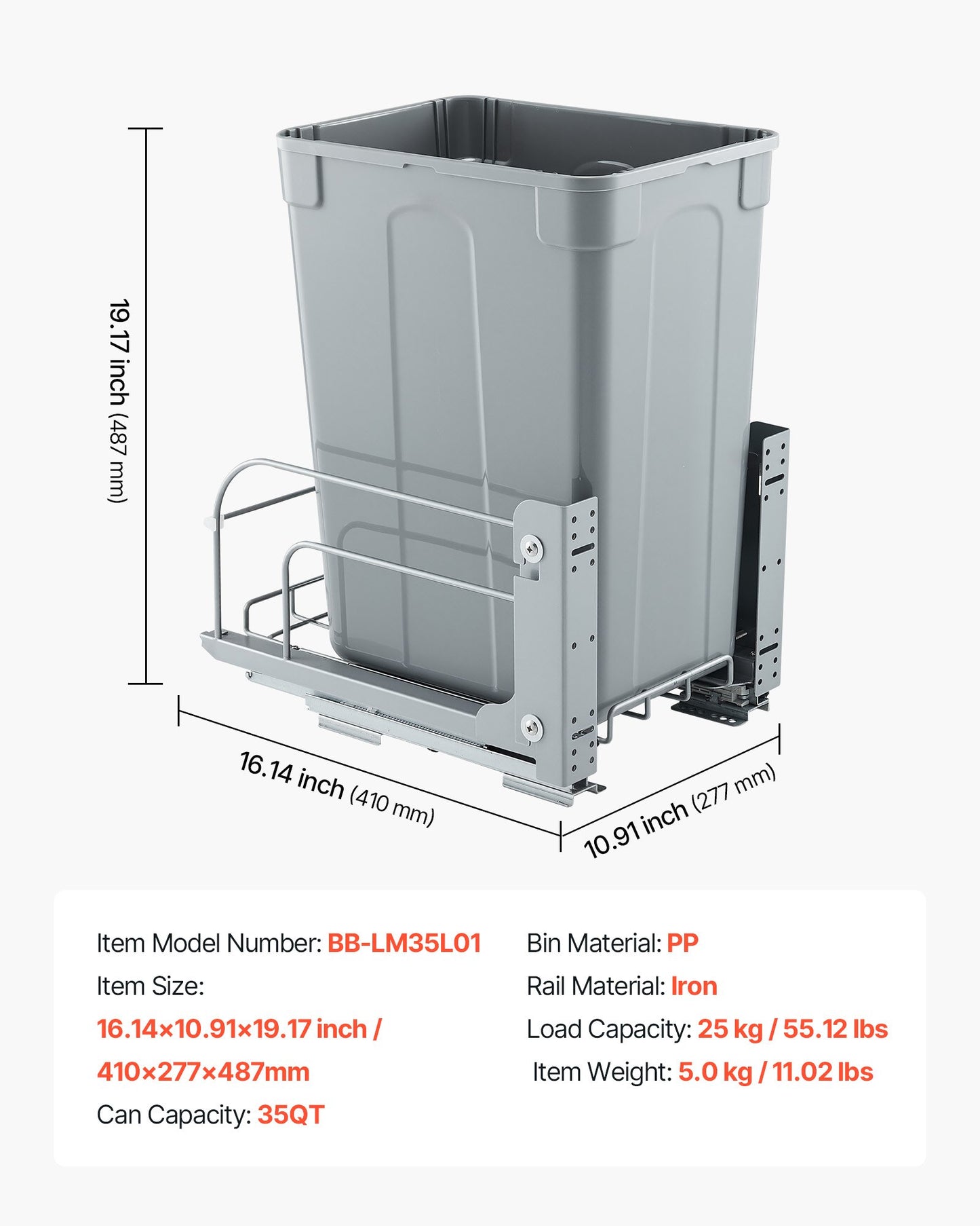Pullout Trash Can for Kitchen Cabinets, 35 QT Garbage Waste Recycling Bin, Under Mount Waste Container, with Heavy Duty Metal Soft Close Sliding System and Door Kit, for Sink, Under Counter