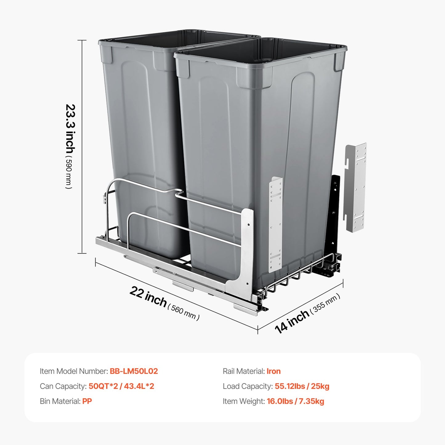 Pull-Out Trash Can, 50 QT x2 Double Under Mount Kitchen Waste Container, Heavy Duty Garbage Recycling Bin with Door Kit and Soft Close Slide, for Kitchen Cabinet, Sink, Under Counter (Grey)