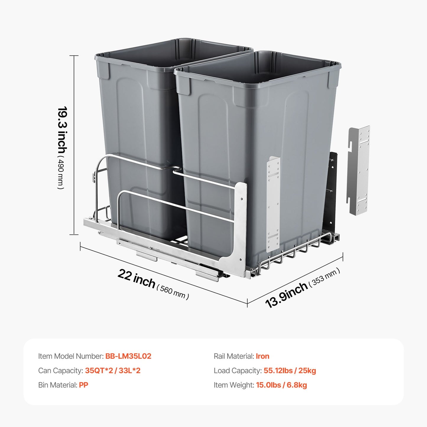 Pull-Out Trash Can, 35 QT x2 Double Under Mount Kitchen Waste Container, Heavy Duty Garbage Recycling Bin with Door Kit and Soft Close Slide, for Kitchen Cabinet, Sink, Under Counter (Grey)