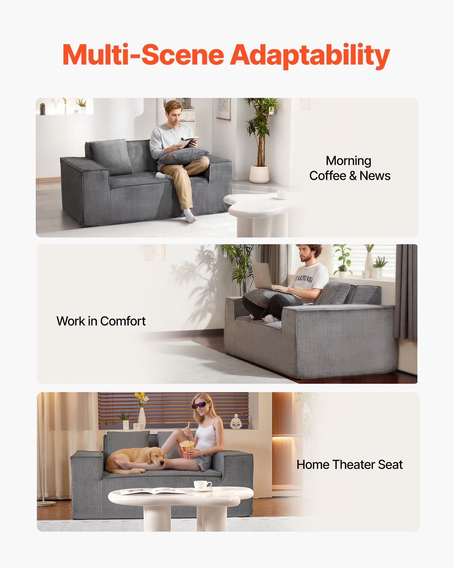 Loveseat Sofa, 63-Inch 2-Seats Couch for Living Room, Modern Small Corduroy Couch with Pocket Springs, Soft Cushions, Comfy Loveseat for Bedroom, Office or Apartment, No Assembly Required, Gray