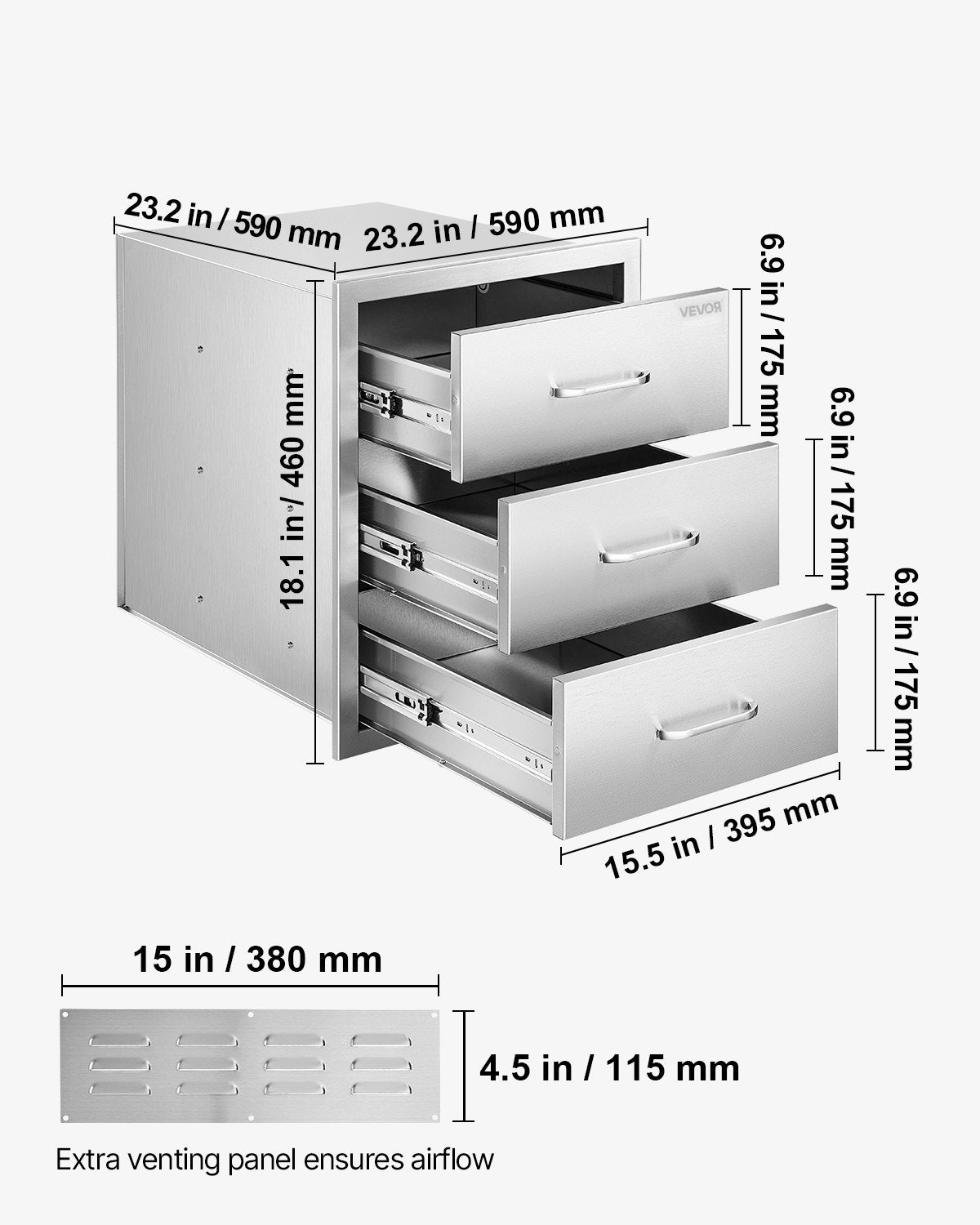 Outdoor Kitchen Drawers 18.11" W x 23.23" D x 23.23" H, Triple-Access Stainless Steel Modular Drawer Cabinet with Handles, BBQ Island Drawer for Outdoor Kitchen or BBQ Island Patio Grill Station