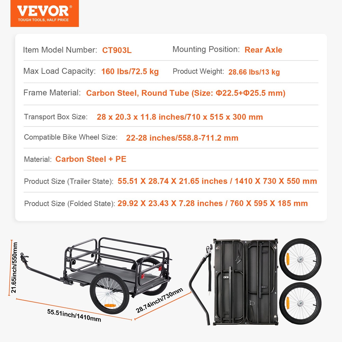 Bike Cargo Trailer, 160 lbs Load Capacity, Heavy-Duty Bicycle Wagon Cart, Foldable Compact Storage & Quick Release with Universal Hitch, 16" Wheels, Safe Reflectors, Fits 22"-28" Bike Wheels