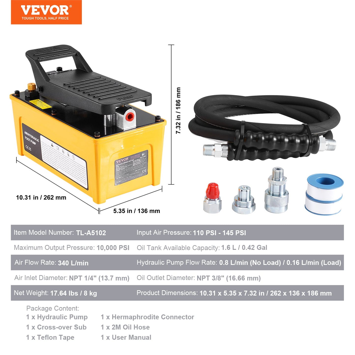 10,000PSI Air Hydraulic Pump, 0.42 Gal Reservoir, NPT 3/8 In Oil Outlet, NPT 1/4 In Inlet, Aluminum Shell Air Actuated Treadle Foot Pump, for Automobile Repair Frame Machine & Hydraulic Press