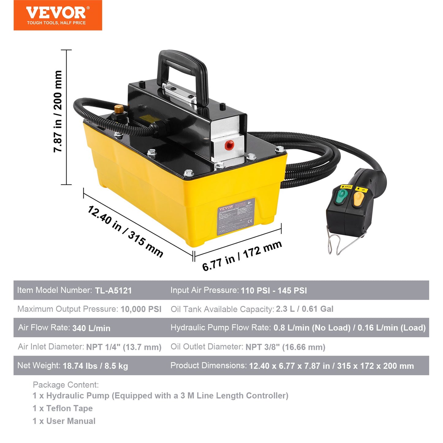 10,000PSI Air Hydraulic Pump, 0.61 Gal Reservoir, NPT 3/8 In Oil Outlet, NPT 1/4 In Inlet, Plastic Air Hydraulic Pump with Remote Control Actuator, for Automobile Frame Machine & Hydraulic Press