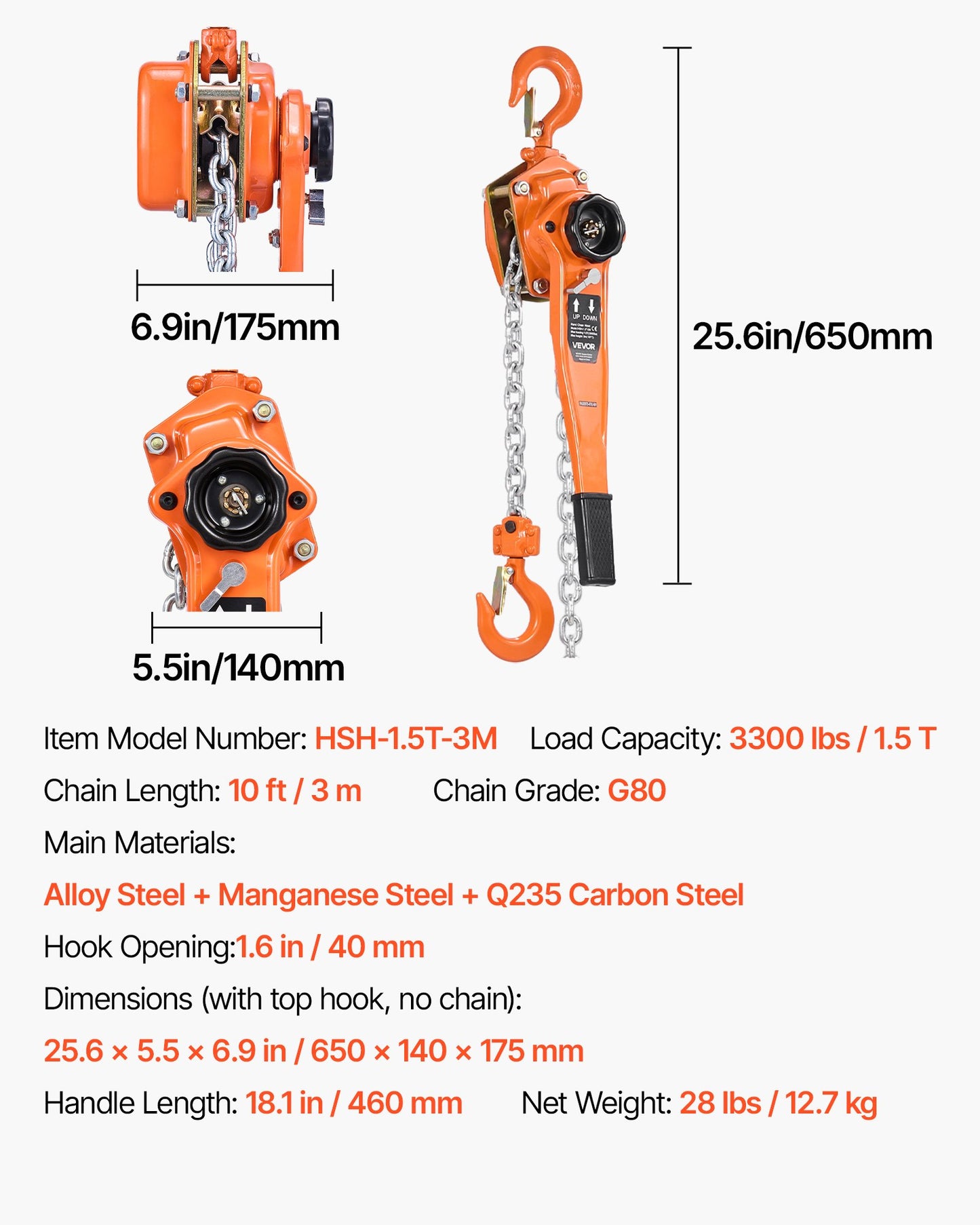 Manual Lever Chain Hoist, 1-1/2T 3300LBS Capacity Heavy Duty Come Along, 10FT Lift G80 Alloy Steel Chain With Dual Pawl Mechanical Brake,360°Rotating Hooks, for Warehouse Construction Garage