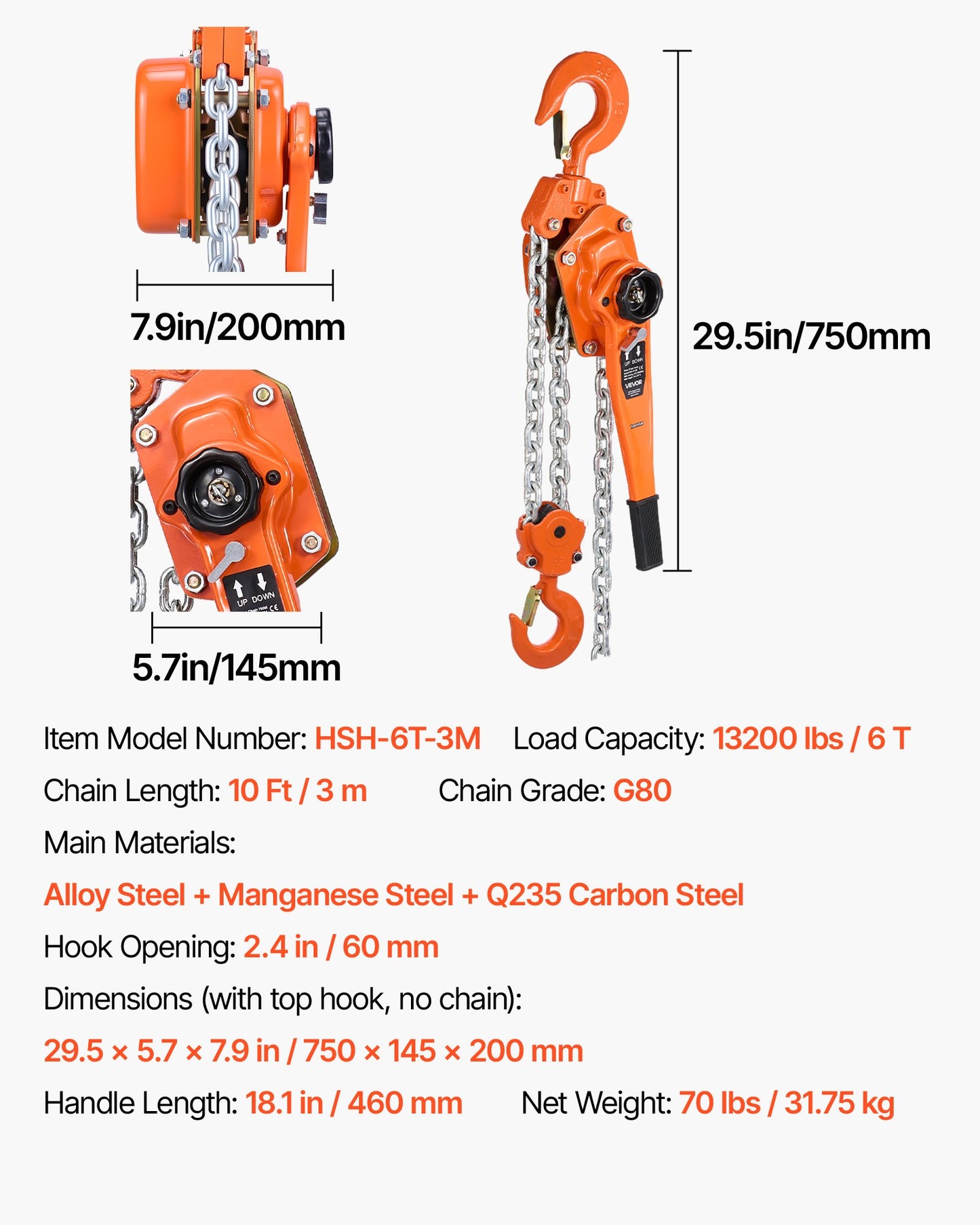 Manual Lever Chain Hoist, 6T 13200LBS Capacity Heavy Duty Come Along, 10FT Lift G80 Alloy Steel Chain With Dual Pawl Mechanical Brake,360°Rotating Hooks, for Warehouse Construction Garage