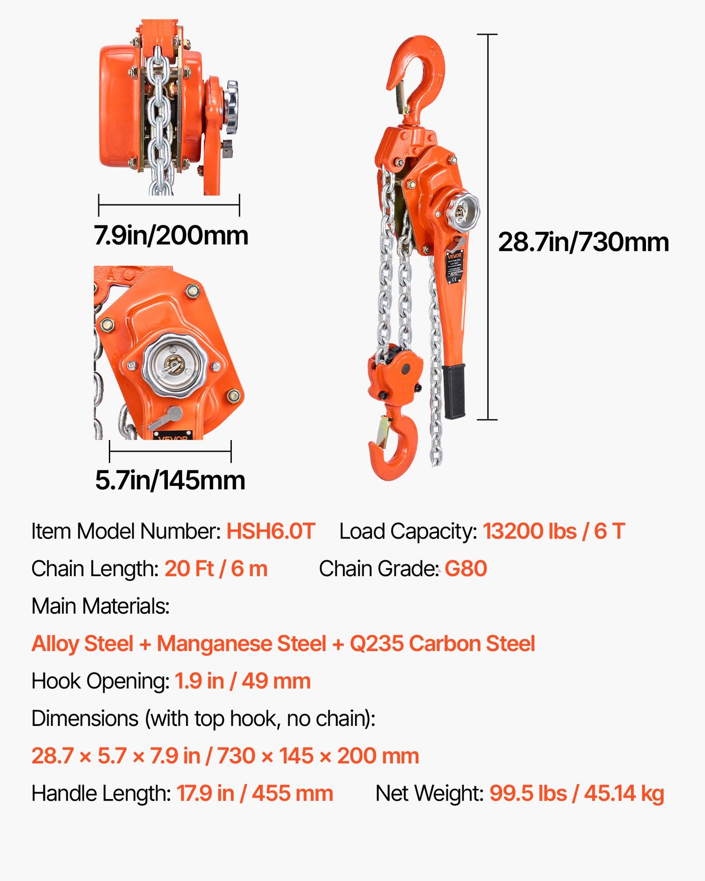 Manual Lever Chain Hoist, 6T 13200LBS Capacity Heavy Duty Come Along, 20FT Lift G80 Alloy Steel Chain With Dual Pawl Mechanical Brake,360°Rotating Hooks, for Warehouse Construction Garage