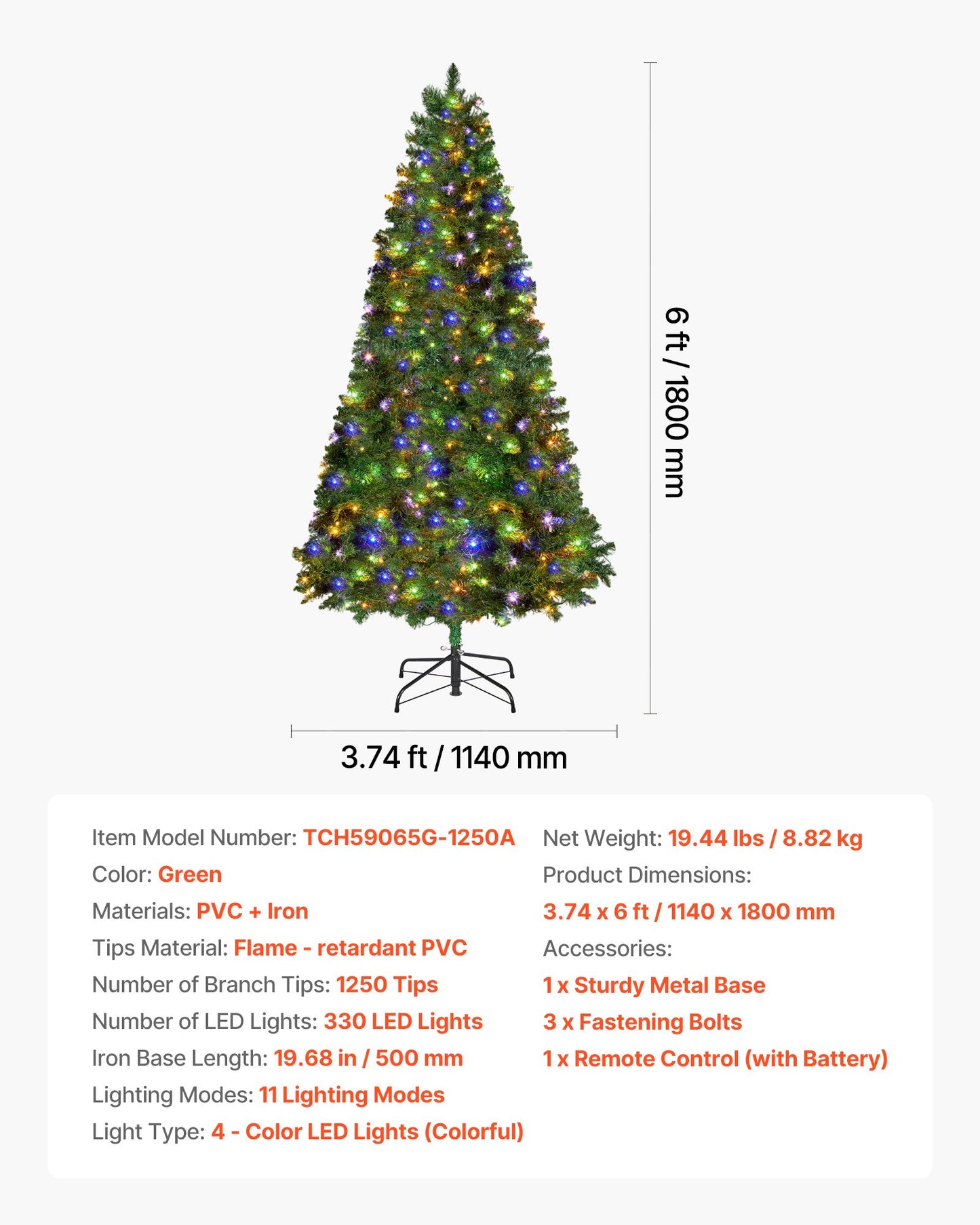 Christmas Tree, 6ft Prelit Artificial Xmas Tree, Full Holiday Decor Trees with 330 Colorful LED Lights, 11 Lighting Modes, 1250 Branch Tips & Sturdy Metal Base for Home Party Office Decoration