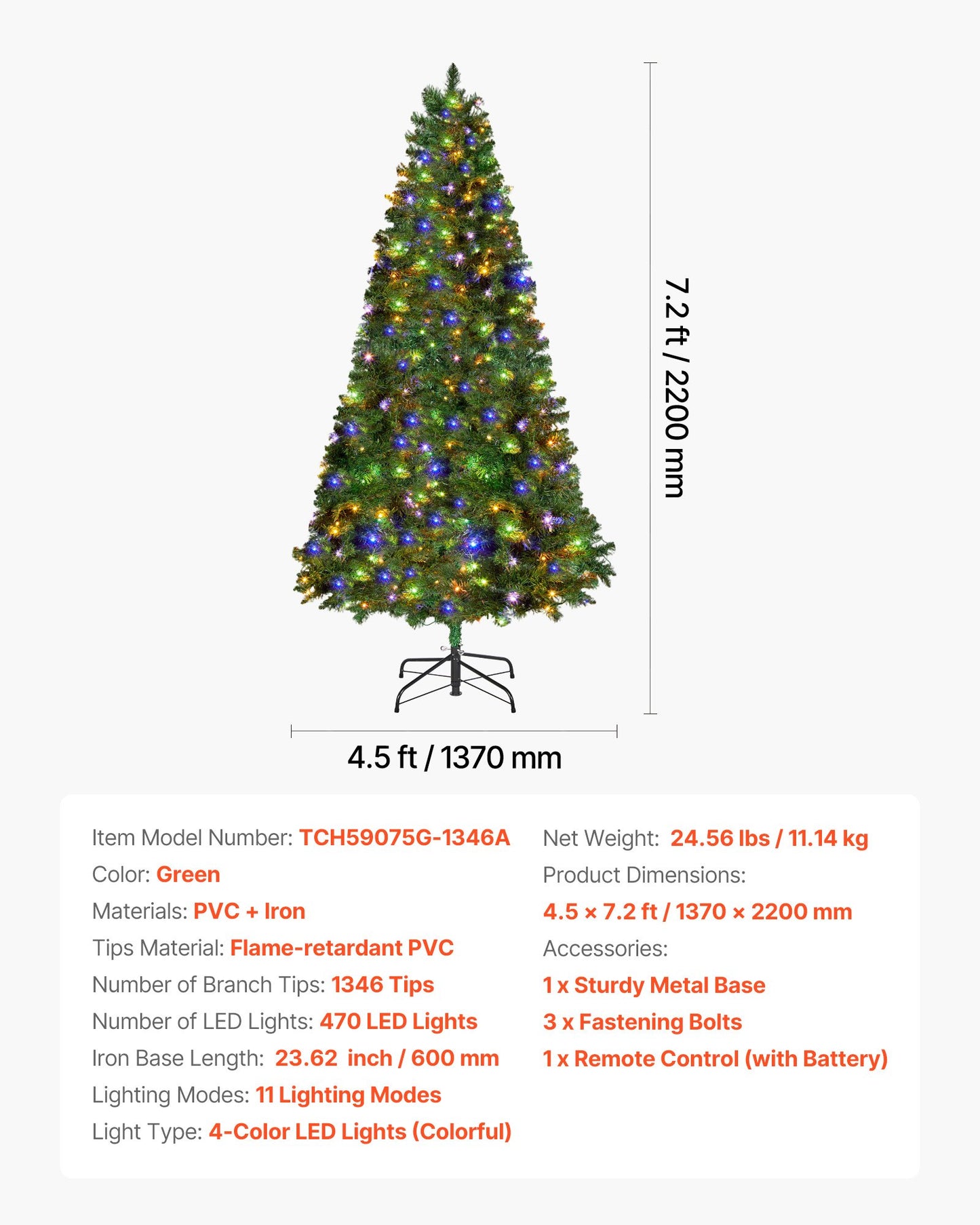Christmas Tree, 7.2ft Prelit Artificial Xmas Tree, Full Holiday Decor Trees with 470 Colorful LED Lights, 11 Lighting Modes, 1346 Branch Tips & Sturdy Metal Base for Home Party Office Decoration