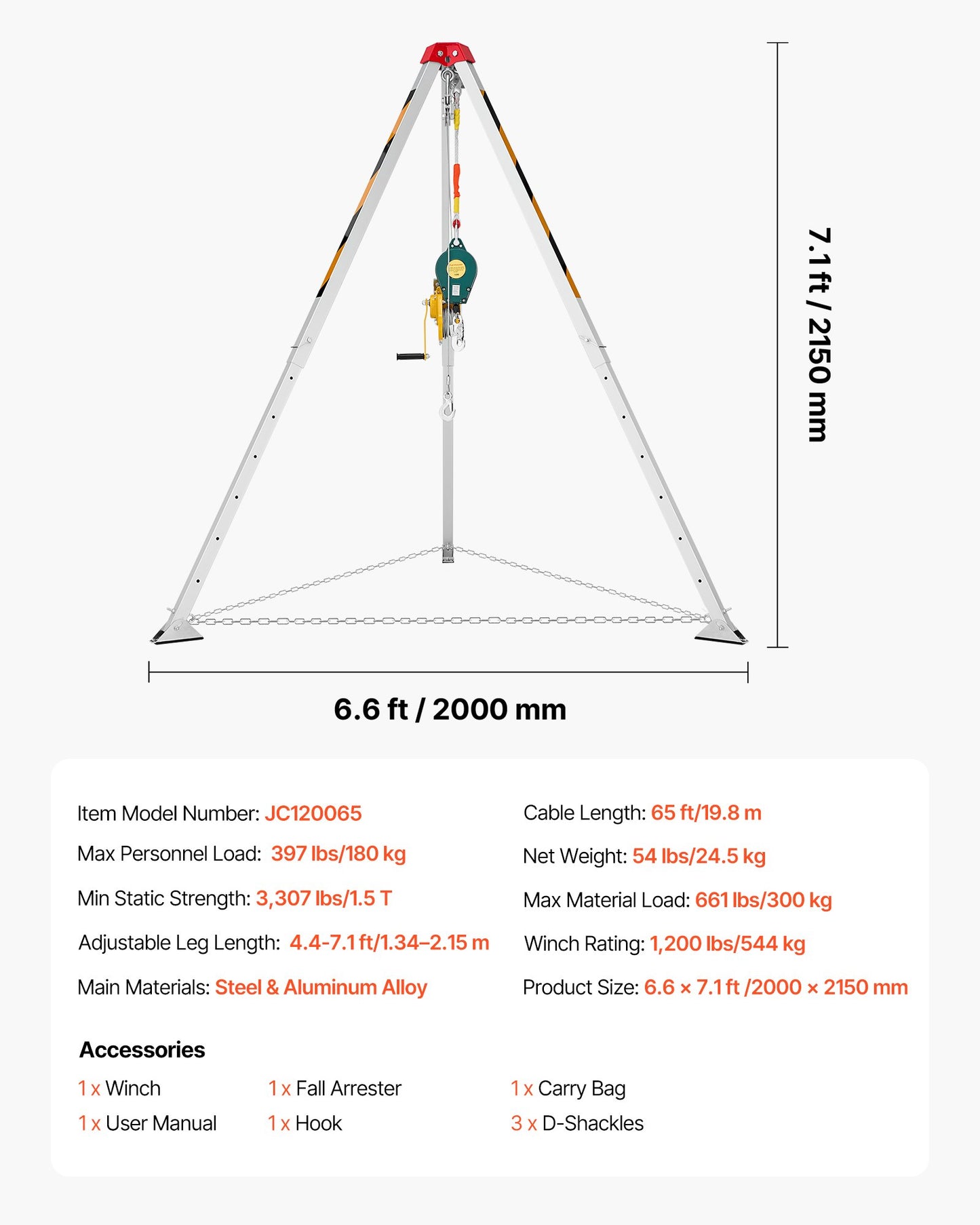 Confined Space Tripod Kit, Heavy Duty Rescue Tripod Lifting Hoist 1200 lbs Winch, 4.1 ft Adjustable Legs, 65 ft Cable Portable Kit, 32.8 ft Fall Protection, 4.40-7.05 ft Working Height