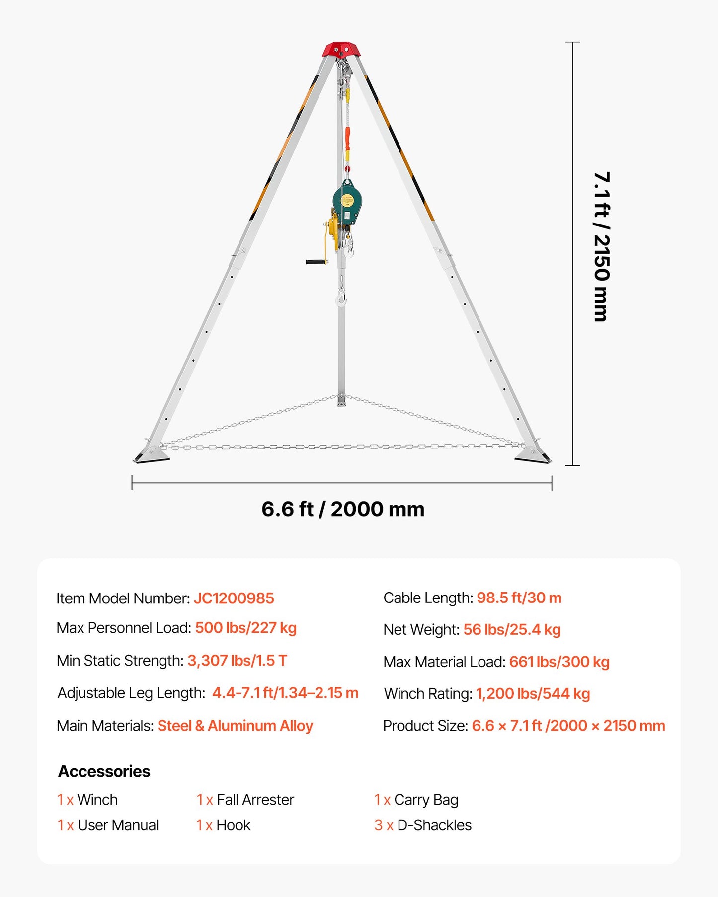 Confined Space Tripod Kit, Heavy Duty Rescue Tripod Lifting Hoist 1200 lbs Winch, 4.1 ft Adjustable Legs, 98.5 ft Cable Portable Kit, 32.8 ft Fall Protection, 4.40-7.05 ft Working Height