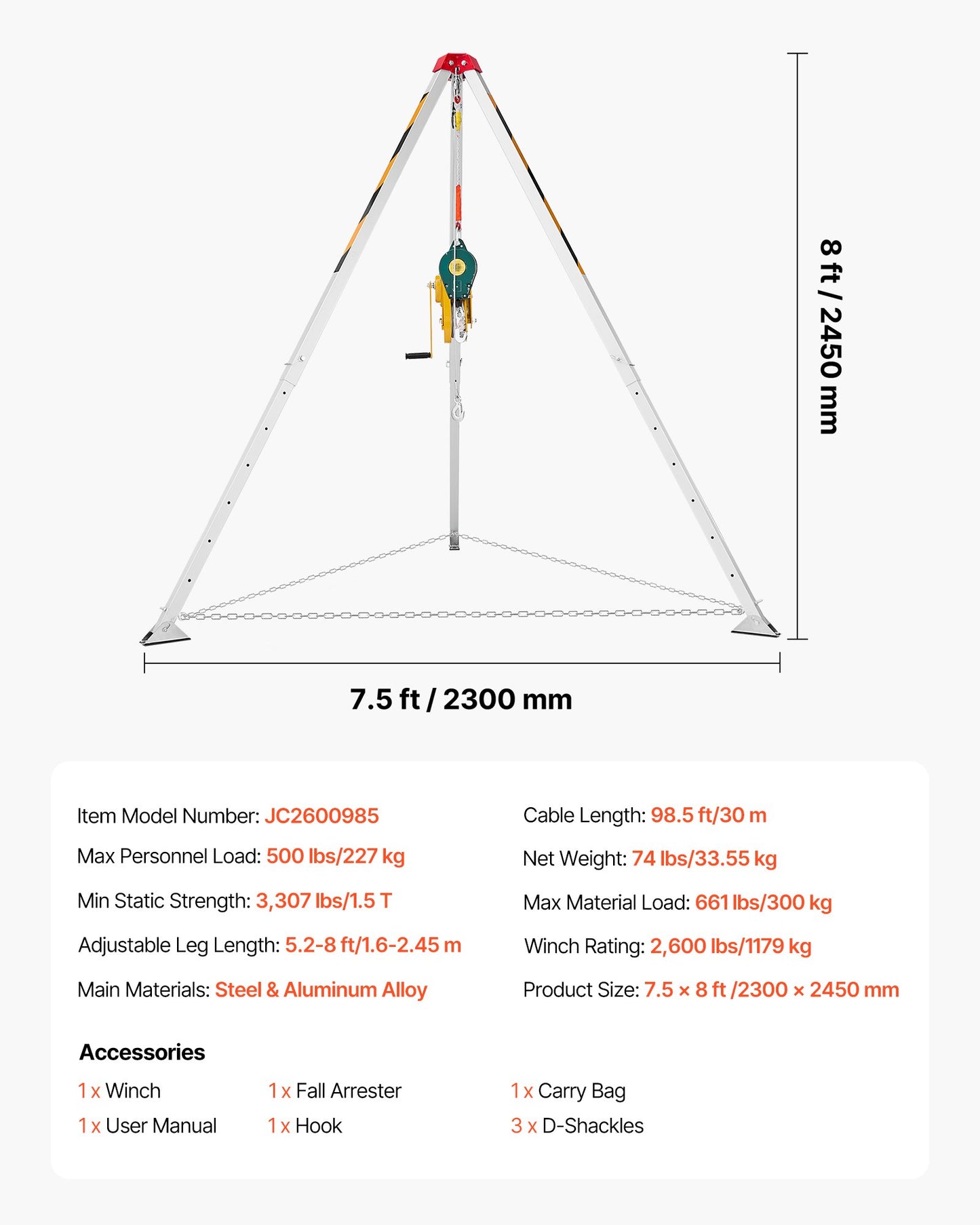 Confined Space Tripod Kit, Heavy Duty Rescue Tripod Lifting Hoist 2600 lbs Winch, 4.76 ft Adjustable Legs, 98.5 ft Cable Portable Kit, 32.8 ft Fall Protection, 5.25-8.04 ft Working Height