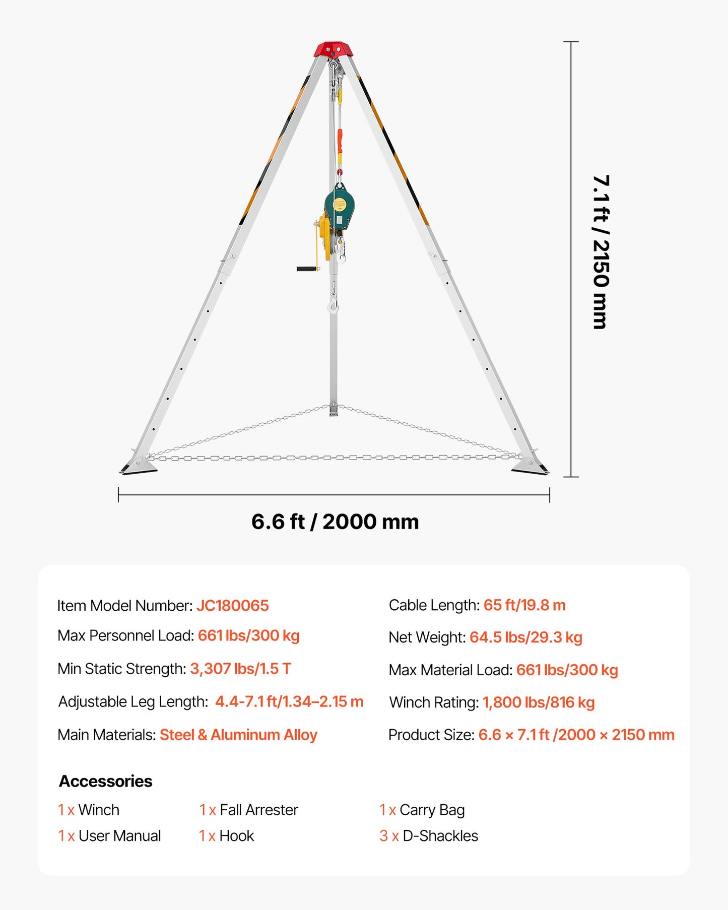 Confined Space Tripod Kit, Heavy Duty Rescue Tripod Lifting Hoist 1800 lbs Winch, 4.1 ft Adjustable Legs, 65 ft Cable Portable Kit, 32.8 ft Fall Protection, 4.40-7.05 ft Working Height