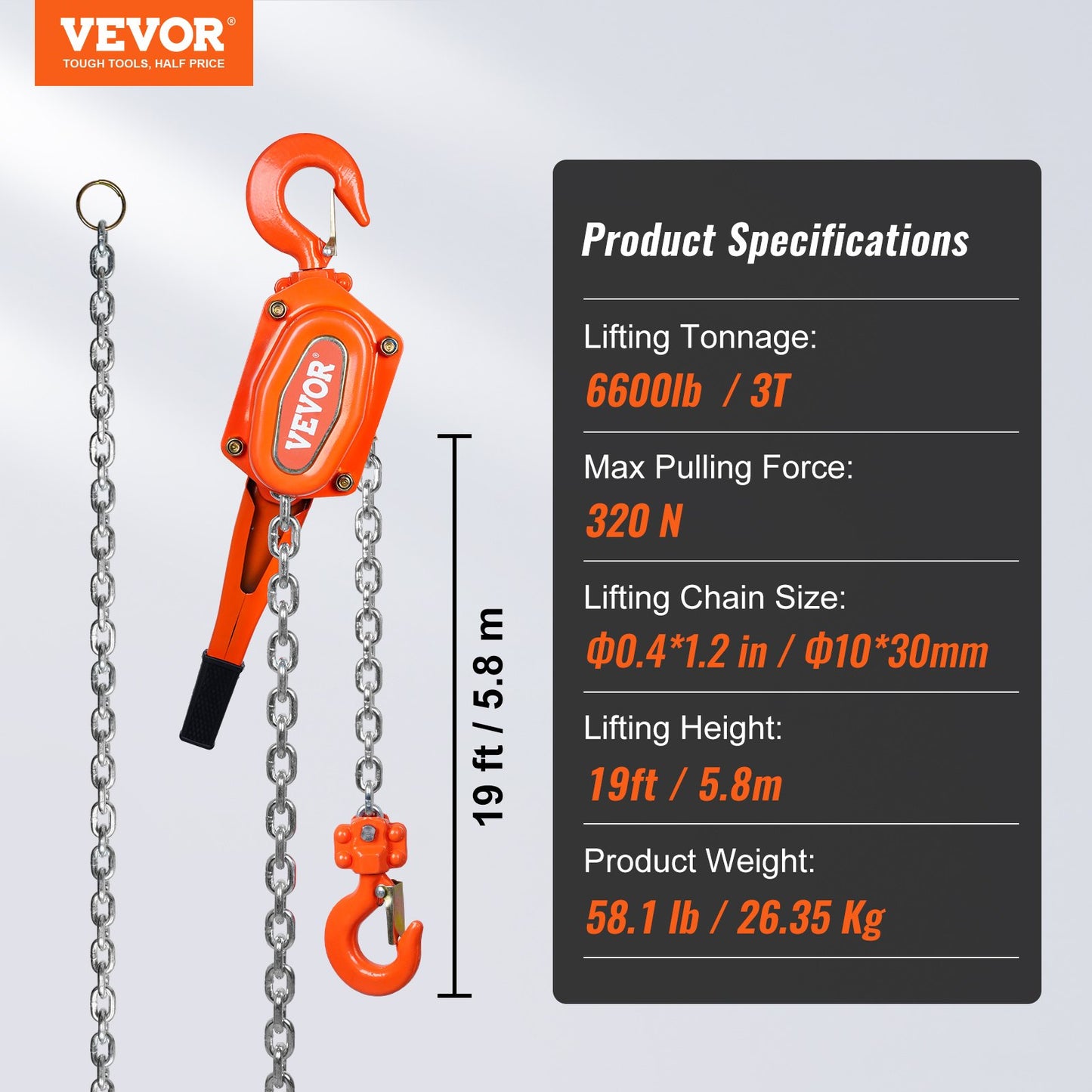 Manual Lever Chain Hoist, 3 Ton 6600 lbs Capacity 20 FT Come Along, G80 Galvanized Carbon Steel with Weston Double-Pawl Brake, Auto Chain Leading & 360° Rotation Hook, for Garage Factory Dock