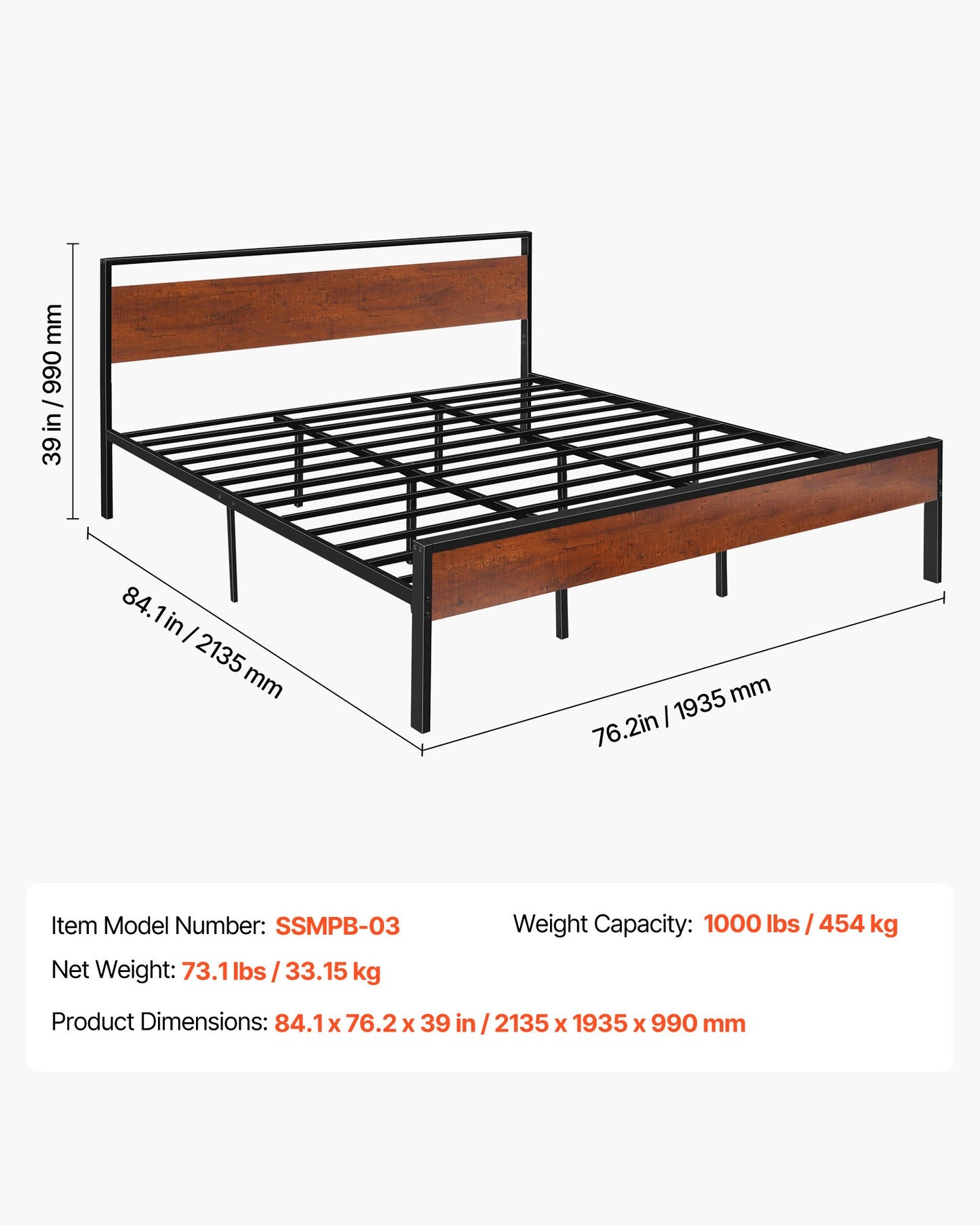 King Size Bed Frame, 14 Inch Black Metal Platform Bed Frame with Retro Brown Wooden Headboard and Footboard, Large Under-Bed Storage, Non-Slip Without Noise, No Box Spring Needed, Easy Assembly