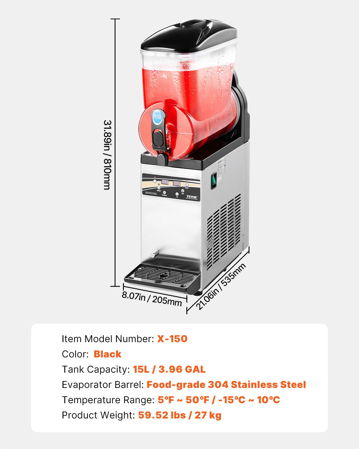 Commercial Frozen Drink Maker, 15L Single Tank Slushy Machine, 60 Cups Stainless Steel Margarita Smoothie Frozen Drink Machine, Slushie Maker for Home Party Restaurants Cafe Bars