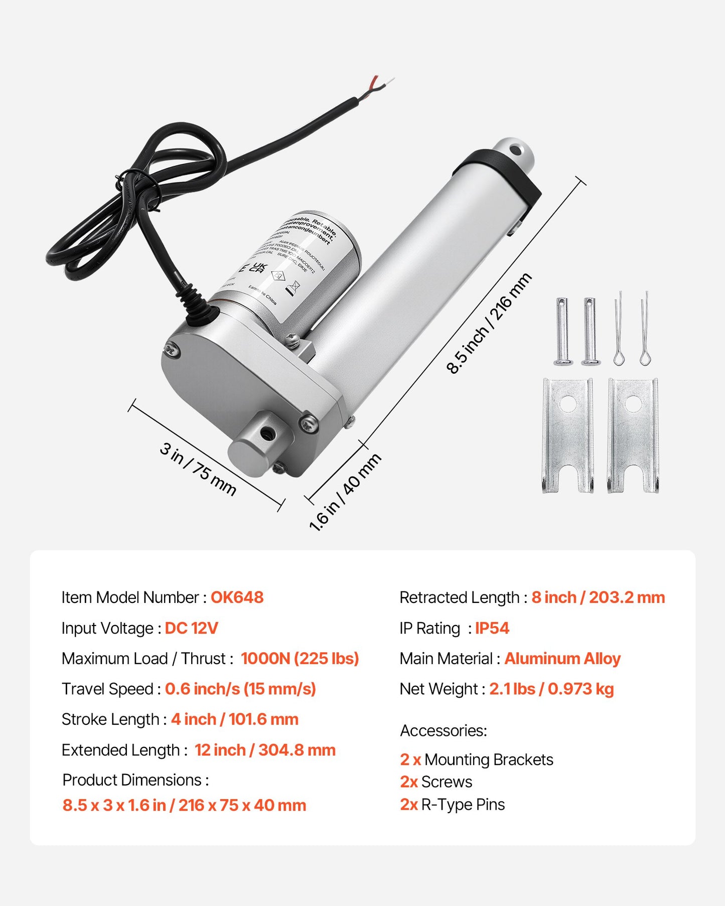 12V Linear Actuator, 4 Inch High Speed 0.6"/s Linear Motion Actuator, 225lbs/1000N with IP54 Protection & Mounting Bracket for Lift Desk, Recliner Chairs, Window Door Opener
