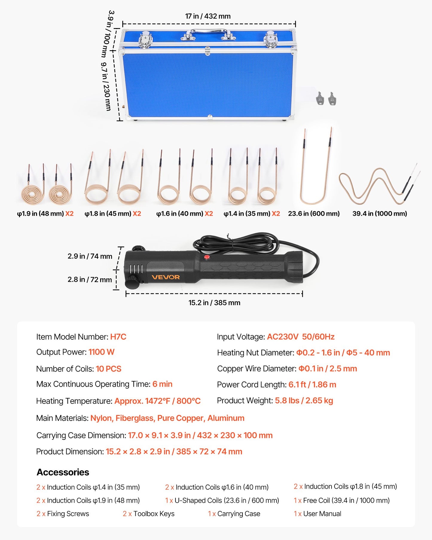 Induction Heater Bolt Removal, 1100W 110V Magnetic Induction Heater Kit, Handheld Nut Buster Tool, Mini Heating Machine for Rusty Screw Removing, Car Garage Repairing Tools with 10 Coil and Box