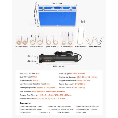 Induktionsvärmare Bultborttagning, 1100W 230V Magnetisk Induktionsvärmare Kit, Handhållet Mutterbrytare, Mini Värmemaskin för att Borttagning av Rostiga Skruvar, Bilgarage Reparationsverktyg med 10 Spolar och Ask | EU