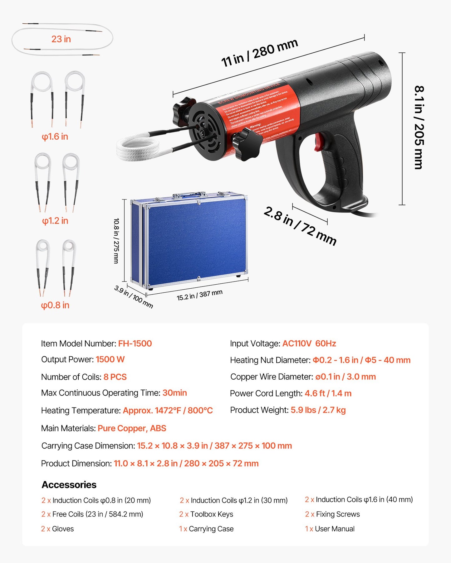 Induction Heater Bolt Removal, 1500W 110V Magnetic Induction Heater Kit, Handheld Nut Buster Tool, Mini Heating Machine for Rusty Screw Removing, Car Garage Repairing Tools with 8 Coil and Box