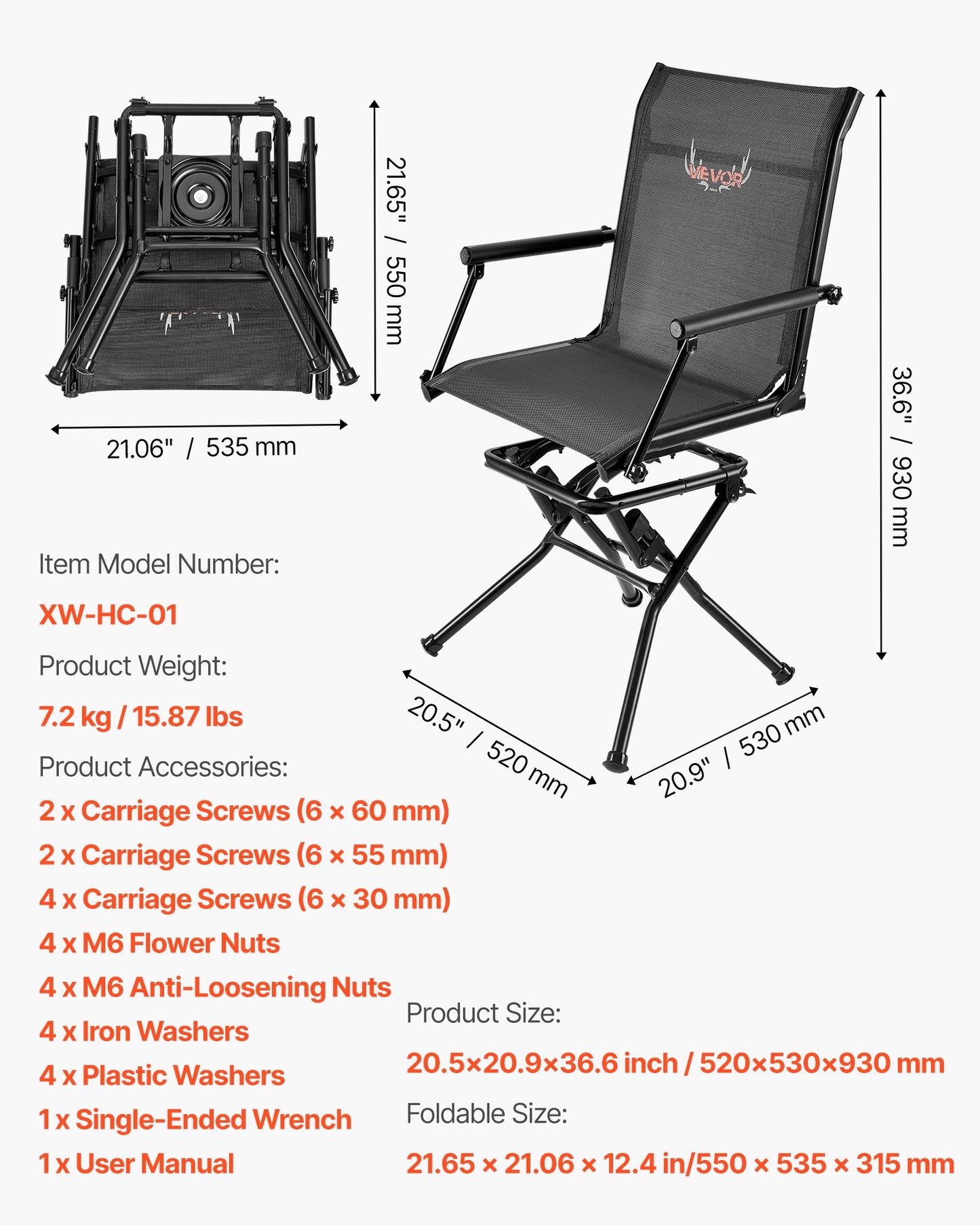 Hunting Chair, 360° Silent Swivel, Foldable Lightweight Portable Blind Chair, Heavy-Duty Steel Frame Ground Stool Seat, with Armrest, Adjustable Carry Strap, 300 Lbs Capacity for Fishing Camping