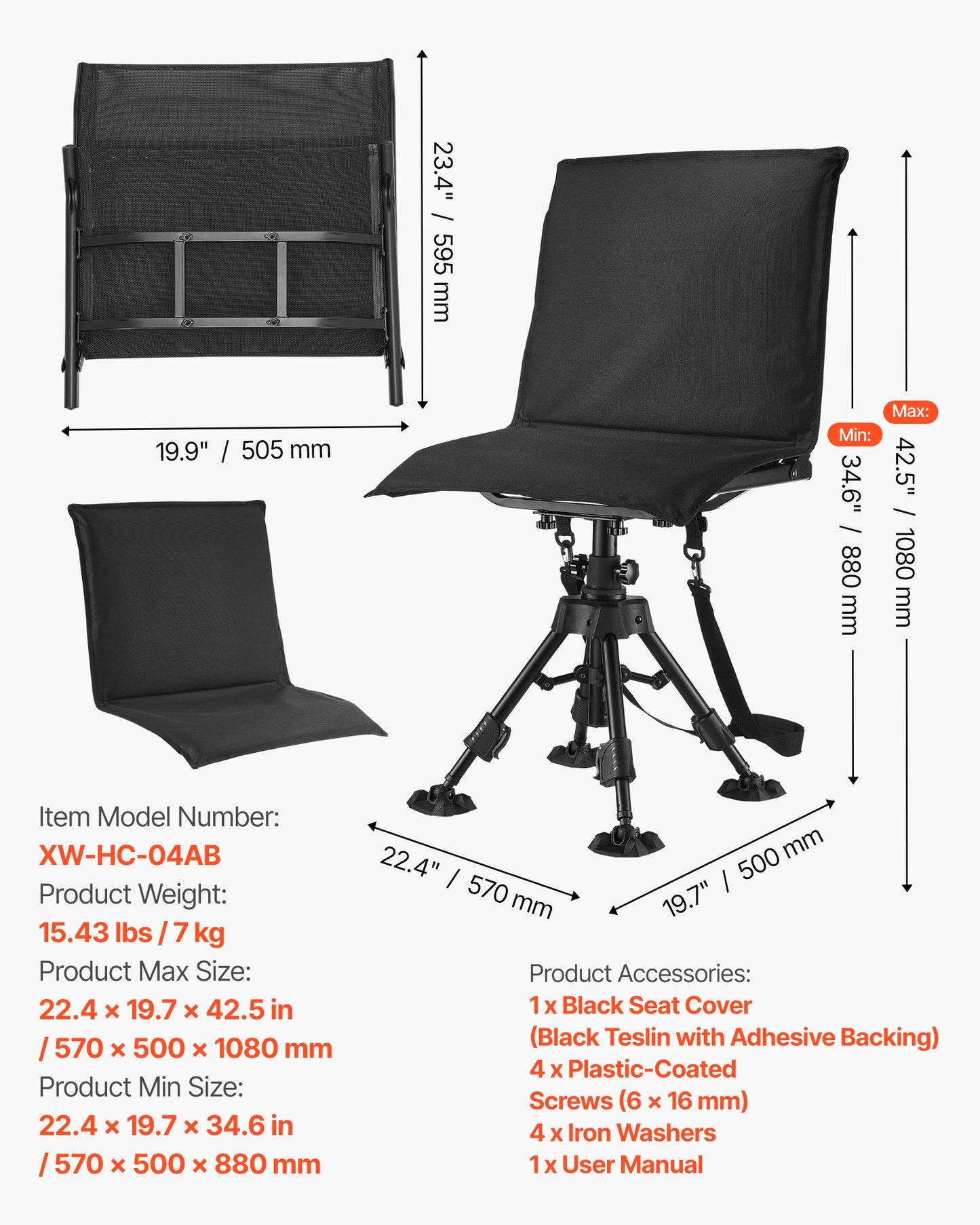 Hunting Chair, 360° Silent Swivel, Foldable Portable Blind Chair, Heavy-Duty Steel Frame Ground Stool Seat,with Seat Cover, Anti-Sink Feet, Height Adjustable, 350 Lbs Capacity, for Fishing