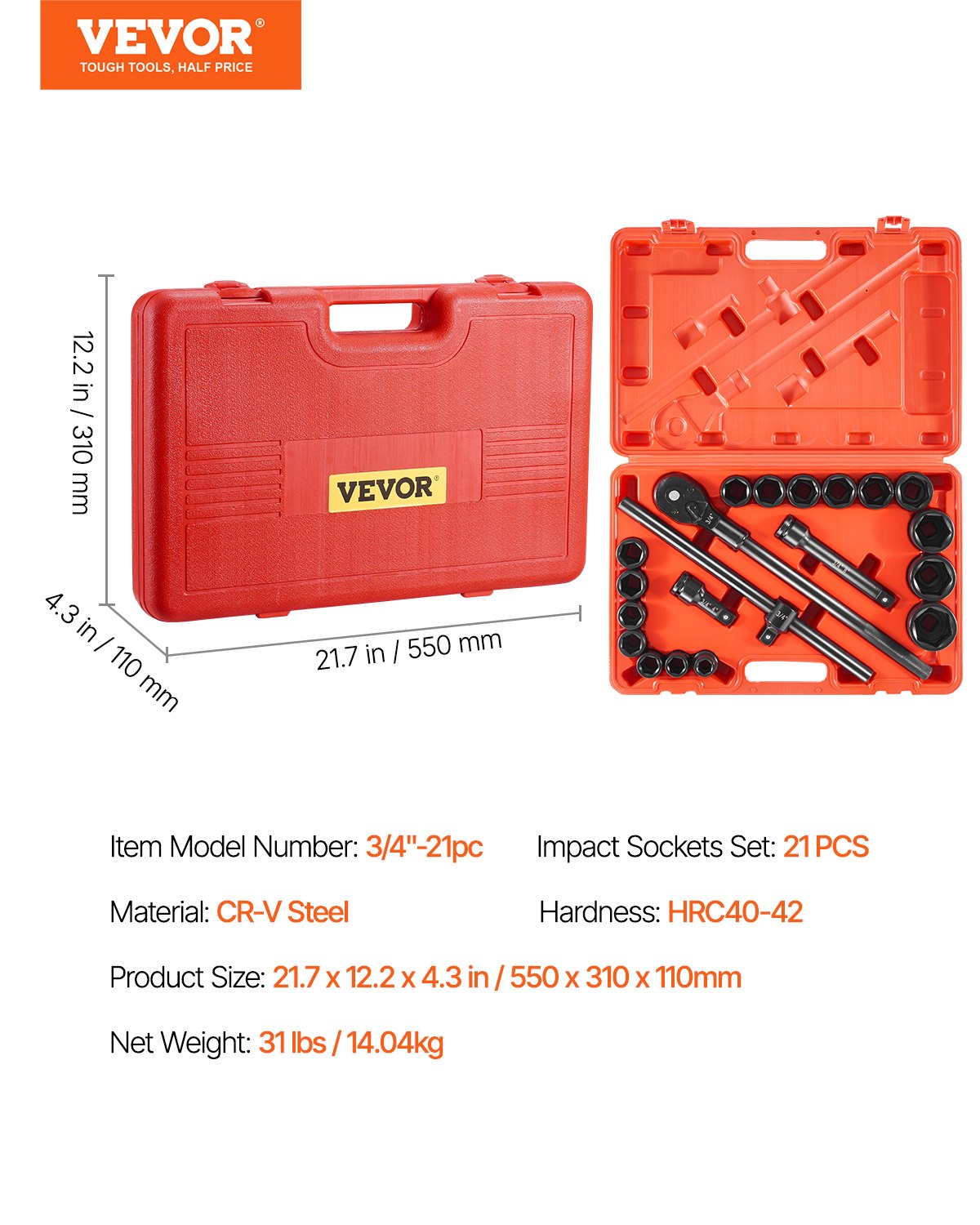 3/4 in Drive Impact Socket Set, 21 Pieces SAE 3/4 in to 2 in, 6 Point Cr-V Alloy Steel for Auto Repair, Easy-to-Read Size Markings, Includes Extension Bars, Ratchet Handle and Storage Case