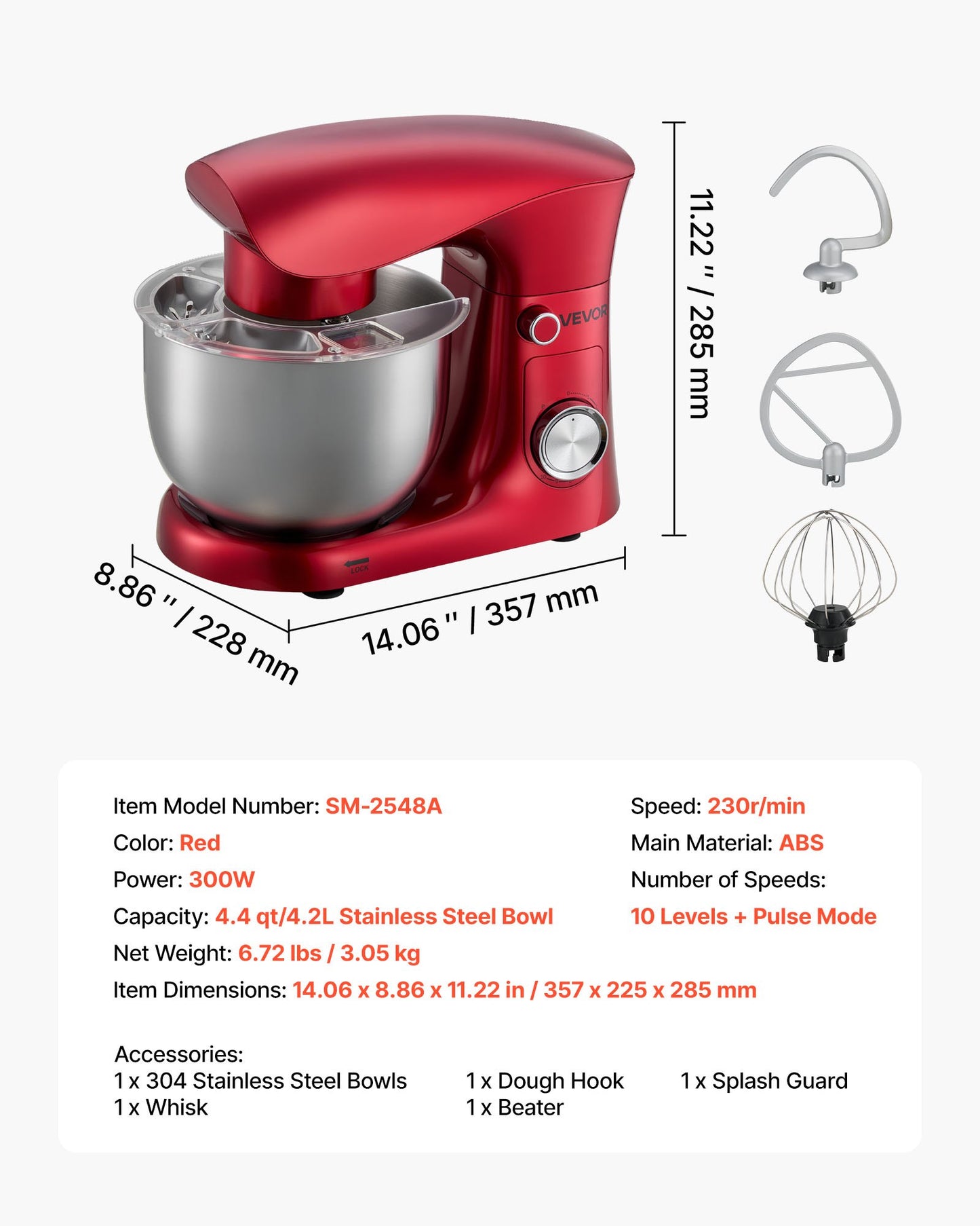 Stand Mixer, 4.4 QT Electric Kitchen Mixer, 300W Dough-Mixer, 10 + Pulse Speeds Tilt-head Food-Mixer with Stainless Steel Bowl, Dough Hook, Whisk, Beater, for Baking, Mixing, Whipping & Kneading