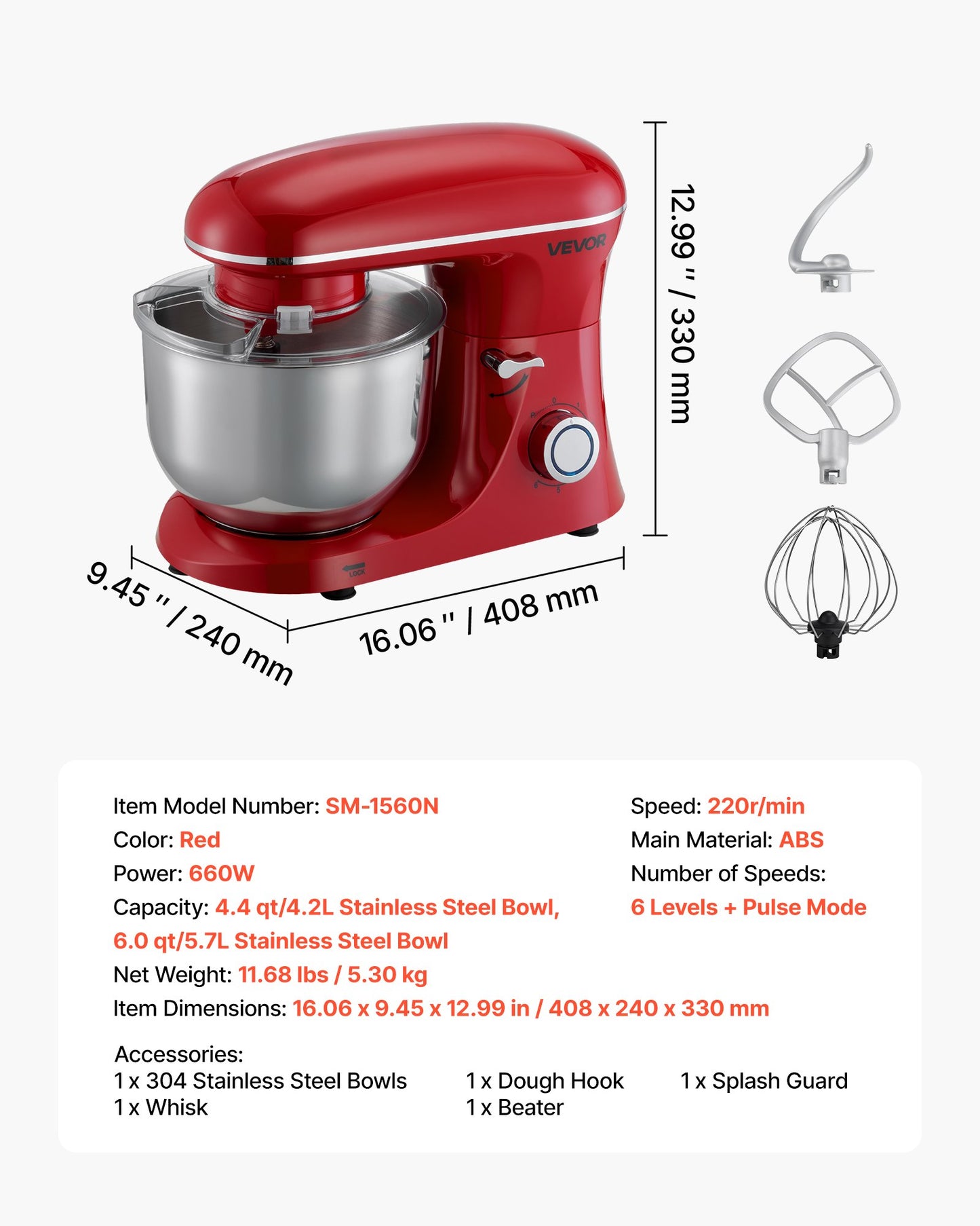 Stand Mixer, 6 QT Electric Kitchen Mixer, 660W Dough-Mixer, 6 + Pulse Speeds Tilt-head Food-Mixer with Stainless Steel Bowl, Dough Hook, Whisk, Beater, for Baking, Mixing, Whipping & Kneading