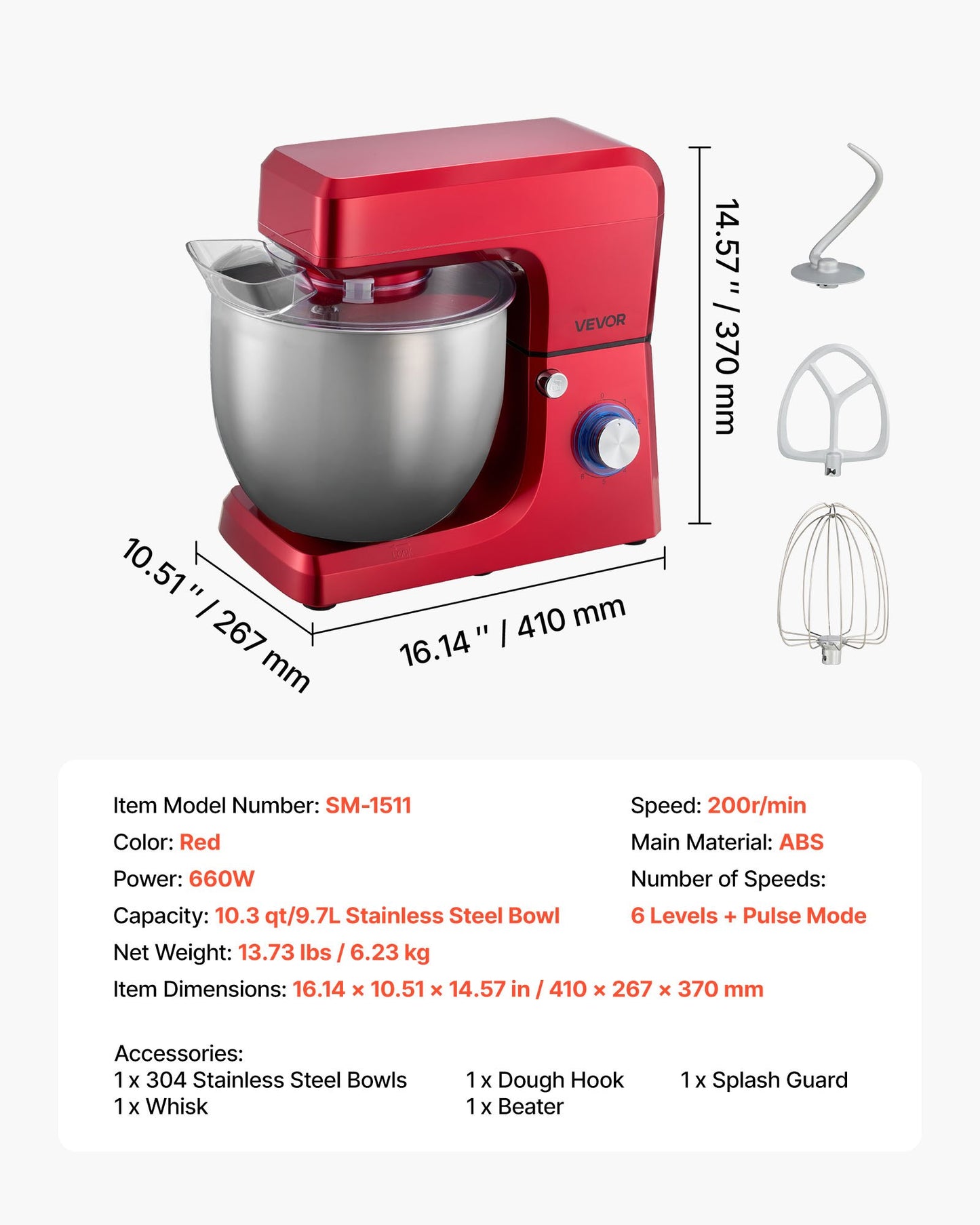 Stand Mixer, 10.3 QT Electric Kitchen Mixer, 660W Dough-Mixer, 6 + Pulse Speeds Tilt-head Food-Mixer with Stainless Steel Bowl, Dough Hook, Whisk, Beater, for Baking, Mixing, Whipping & Kneading