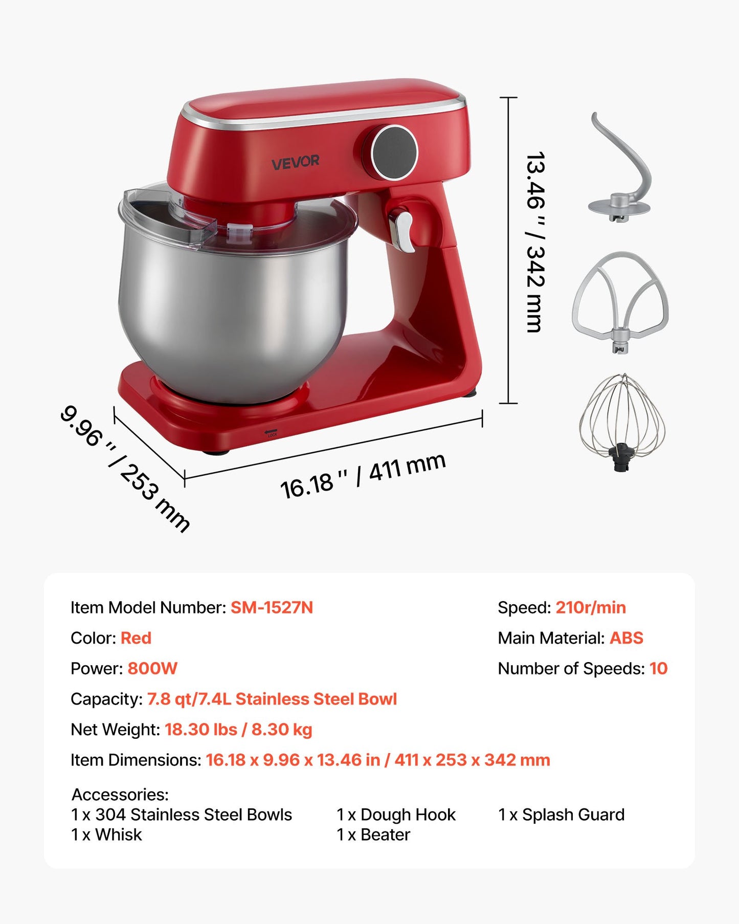 Stand Mixer, 7.8 QT Electric Kitchen Mixer, 800W Dough-Mixer, 10 Speeds Tilt-head Food-Mixer with Stainless Steel Bowl, Dough Hook, Whisk, Beater, for Baking, Mixing, Whipping & Kneading, Red