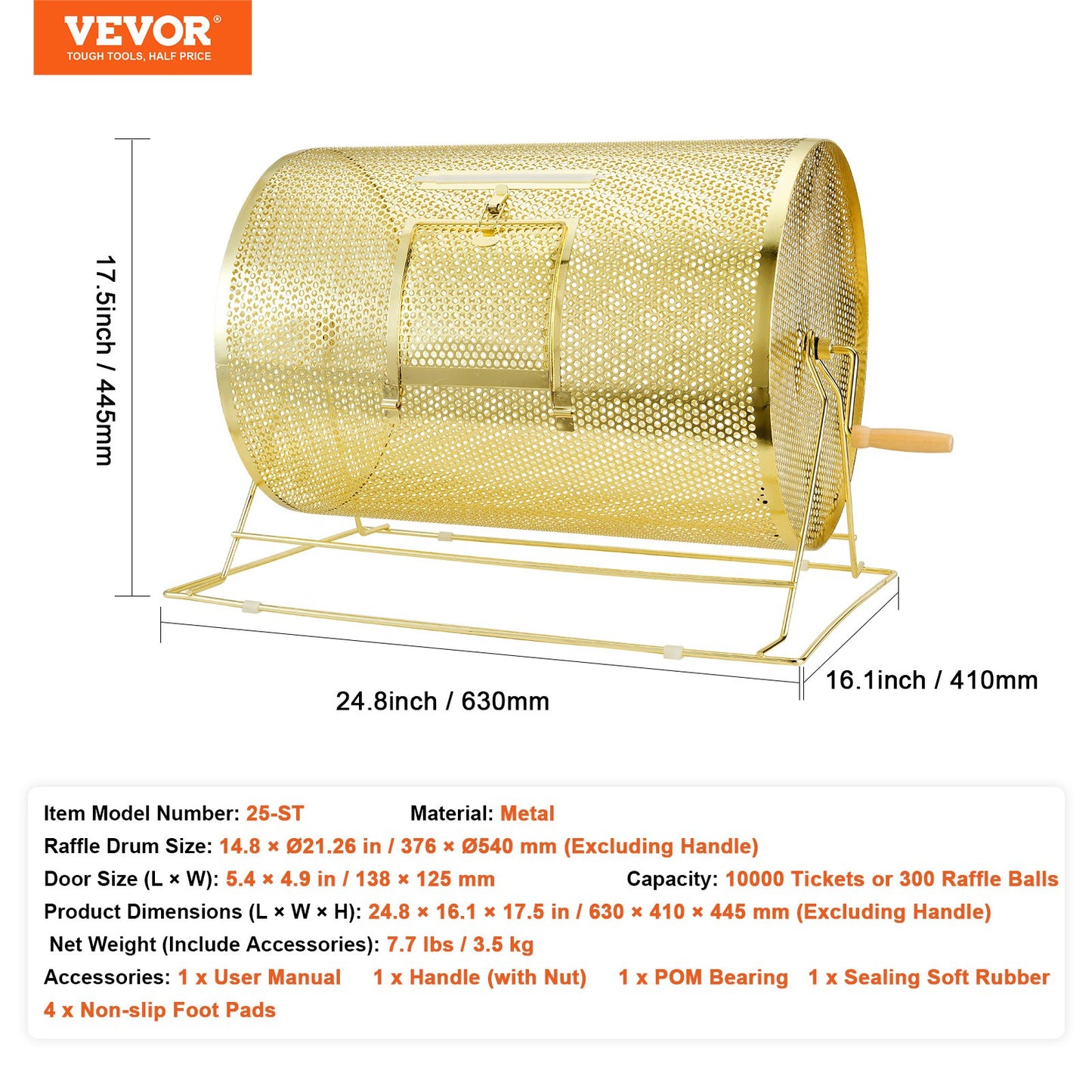 Raffle Drum,Holds 10000 Tickets or 300 Ping Pong Balls, Metal Lottery Spinning Drawing with Wooden Turning Handle, 14.8 x Ø21.26 inch Brass Plated Raffle Ticket Spinning Cage, for Bingo Ballot