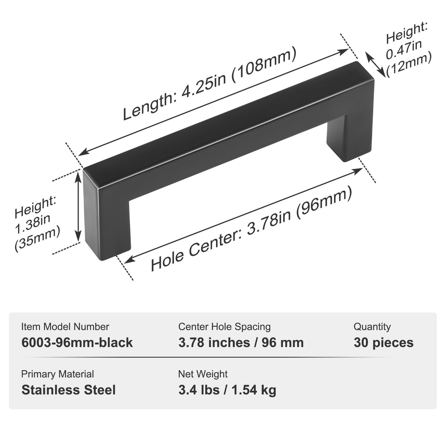 30 Pack Cabinet Pulls, 3.86in / 96mm Center to Center Slim Square Kitchen Cabinet Drawer, Stainless Steel Modern Kitchen Cupboard Door Handles for Kitchen Bathroom Bar Hardware Matte Black