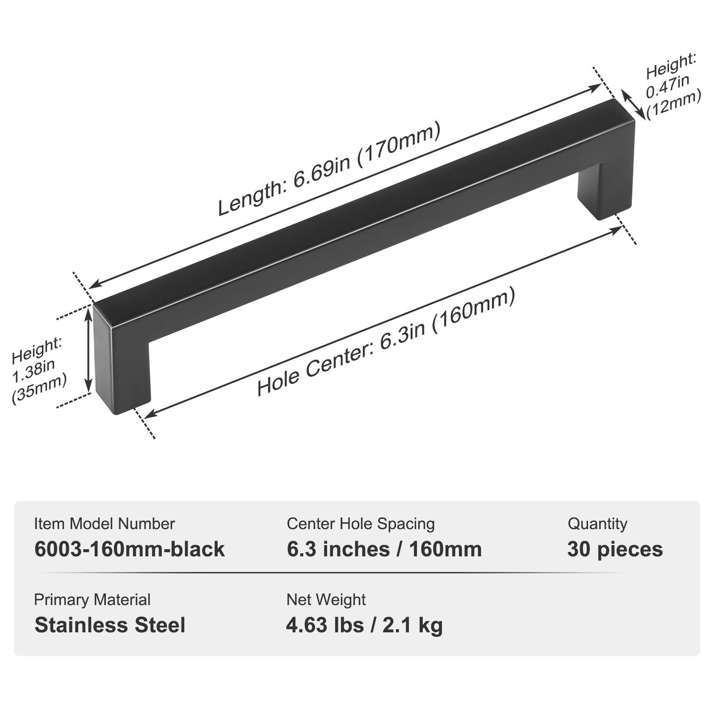 30 Pack Cabinet Pulls, 6.3 inch /160mm Center to Center Slim Square Kitchen Cabinet Drawer, Stainless Steel Modern Kitchen Cupboard Door Handles for Kitchen Bathroom Bar Hardware Matte Black