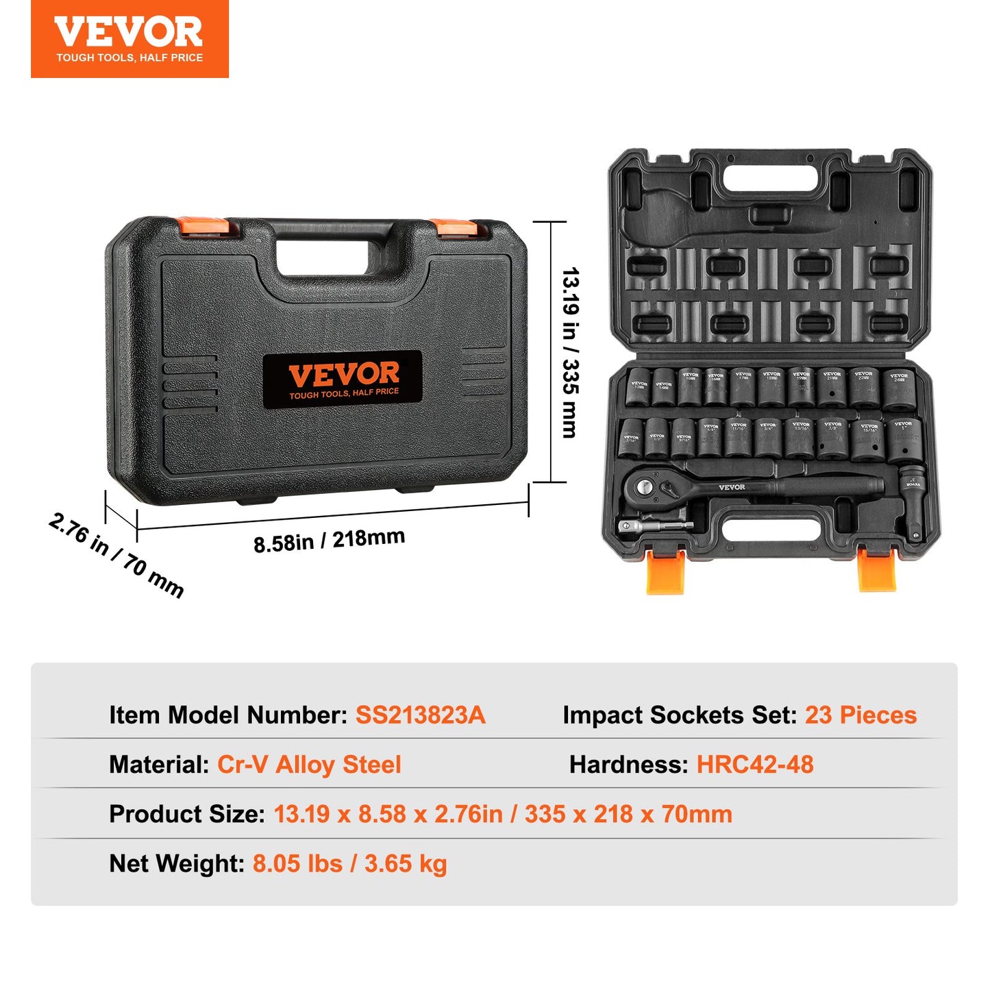 KFFKFF Impact Socket Set with 1/2" Drive, Comprising 23 Pieces in SAE (7/16" -1") & Metric Measurements, 6 Point Cr-V Alloy Steel, Ideal for Car Maintenance, Includes Ratchet Handle and Durable Storage Case
