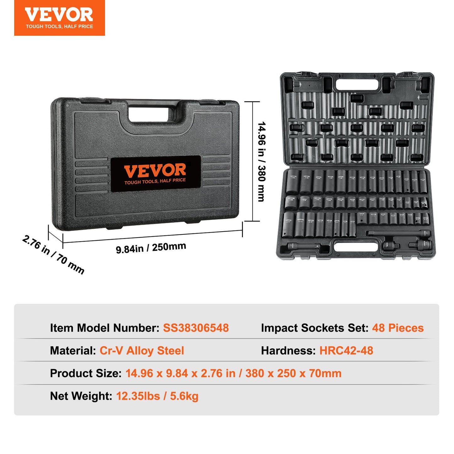 3/8" Drive Impact Socket Set, 48 Piece Socket Set SAE (5/16" -3/4") & Metric (8-22mm)6 Point Cr-V Drive Extension Bar Universal Joint & Power Drill Adapter Includes Storage Case