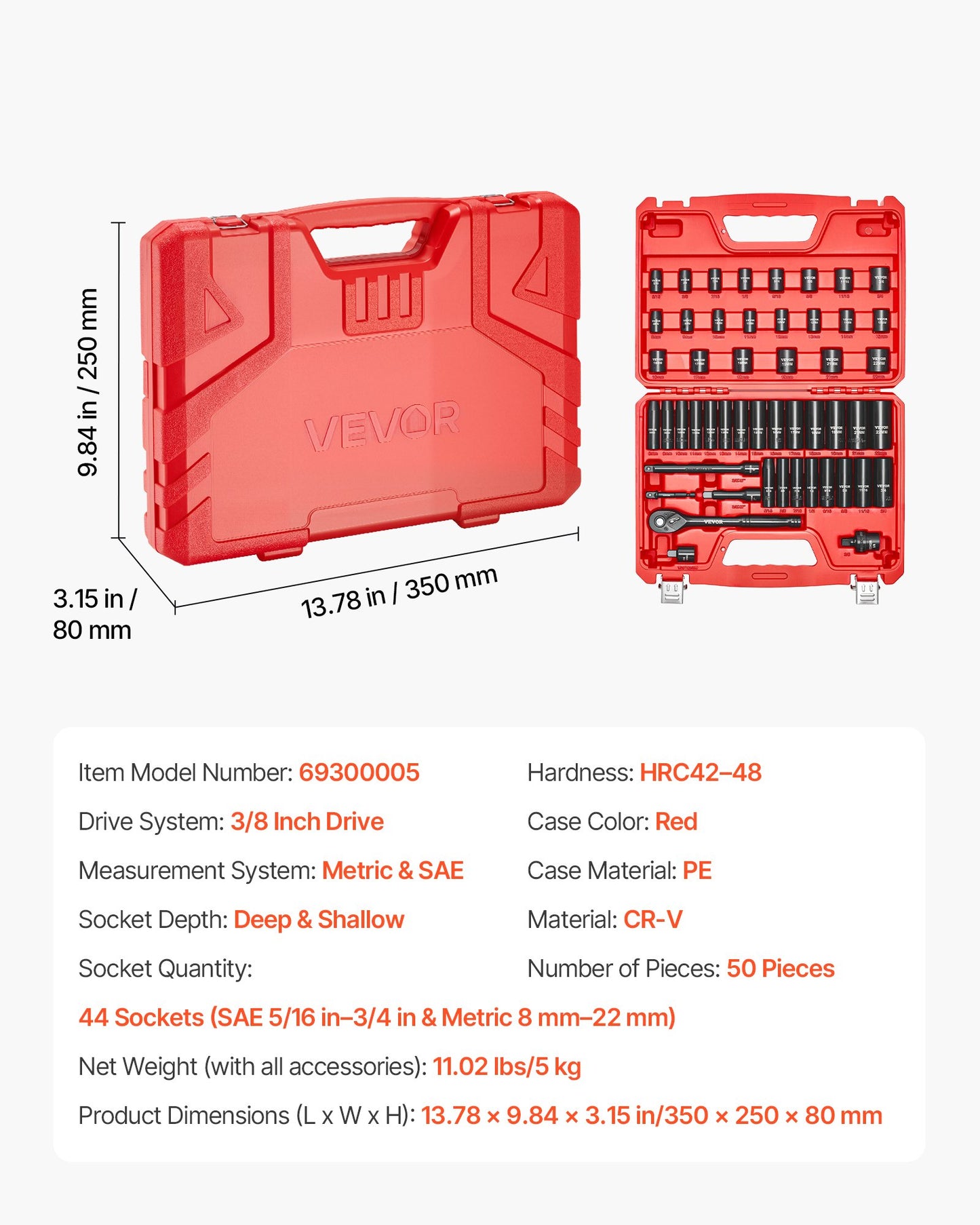 3/8 in Drive Impact Socket Set, 50 Piece, 6 Point Deep & Shallow Impact Sockets, SAE (5/16 in to 3/4 in) and Metric (8 to 22 mm) Sizes with 3 in & 6 in Extension Bars, Cr-V Steel, Carrying Case