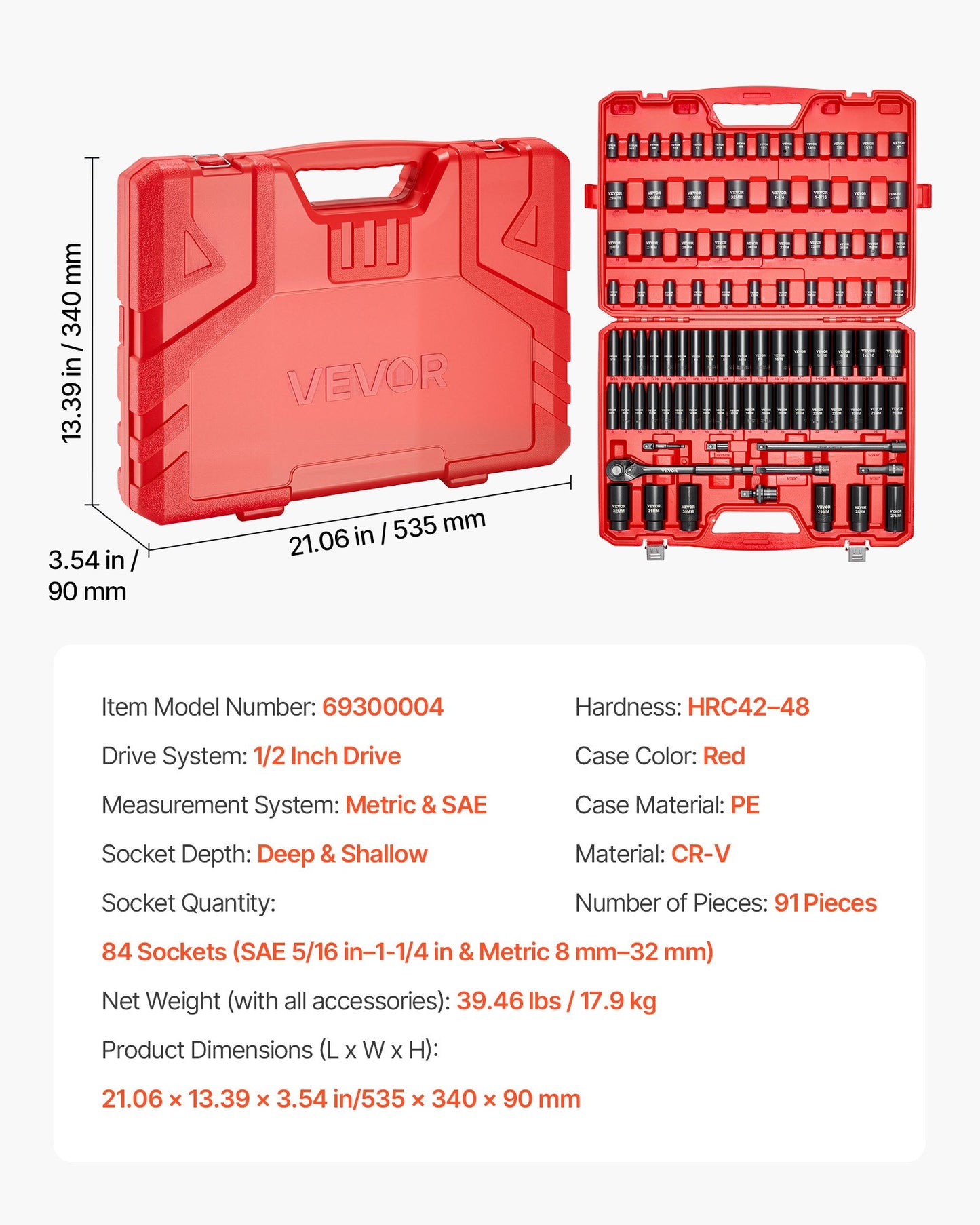 1/2 in Drive Impact Socket Set, 91 Piece, 6 Point Deep & Shallow Impact Sockets, SAE (5/16 to 1-1/4 in) and Metric (8 to 32 mm) Sizes with Extension Bars (3, 5, 10 in), Cr-V Steel, Carrying Case