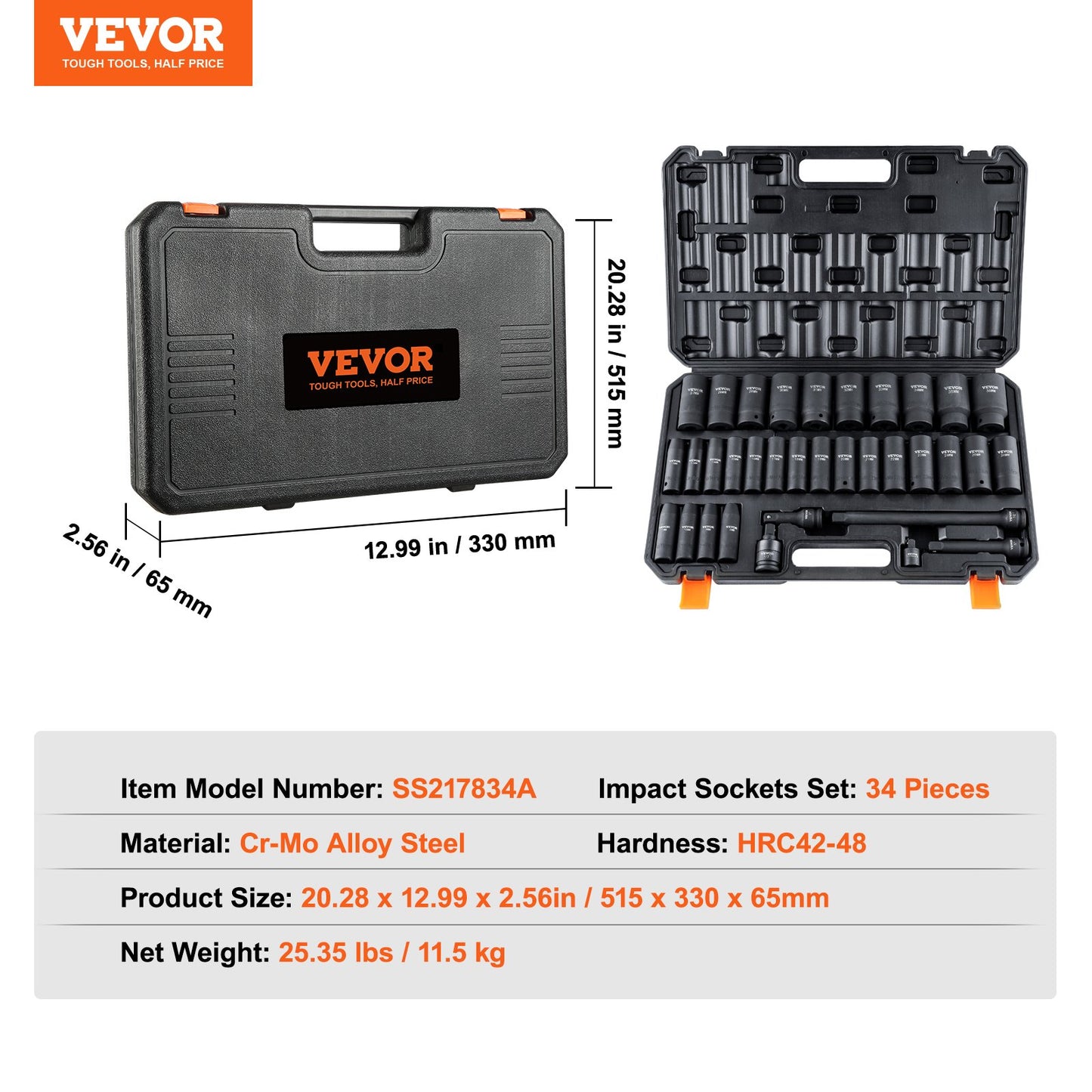 1/2" Drive Deep Impact Socket Set, 34pcs Socket Set Metric (8-36mm) 6 Point Cr-MO Alloy Steel for Auto Repair, Rugged Construction, Includes Heavy Duty Storage Case