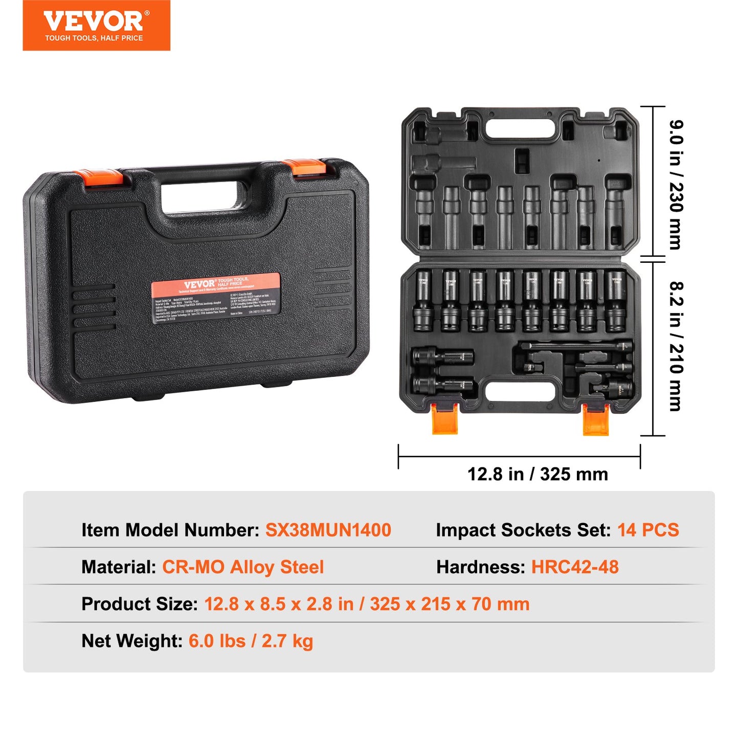 360 Degree Swivel Impact Socket Set, 3/8" Socket Set 14PCS Deep Universal Metric 10-19mm, 6 Point Cr-Mo Alloy Steel for Auto Repair, Easy-to-Read Size Markings, Rugged Construction, Storage Case