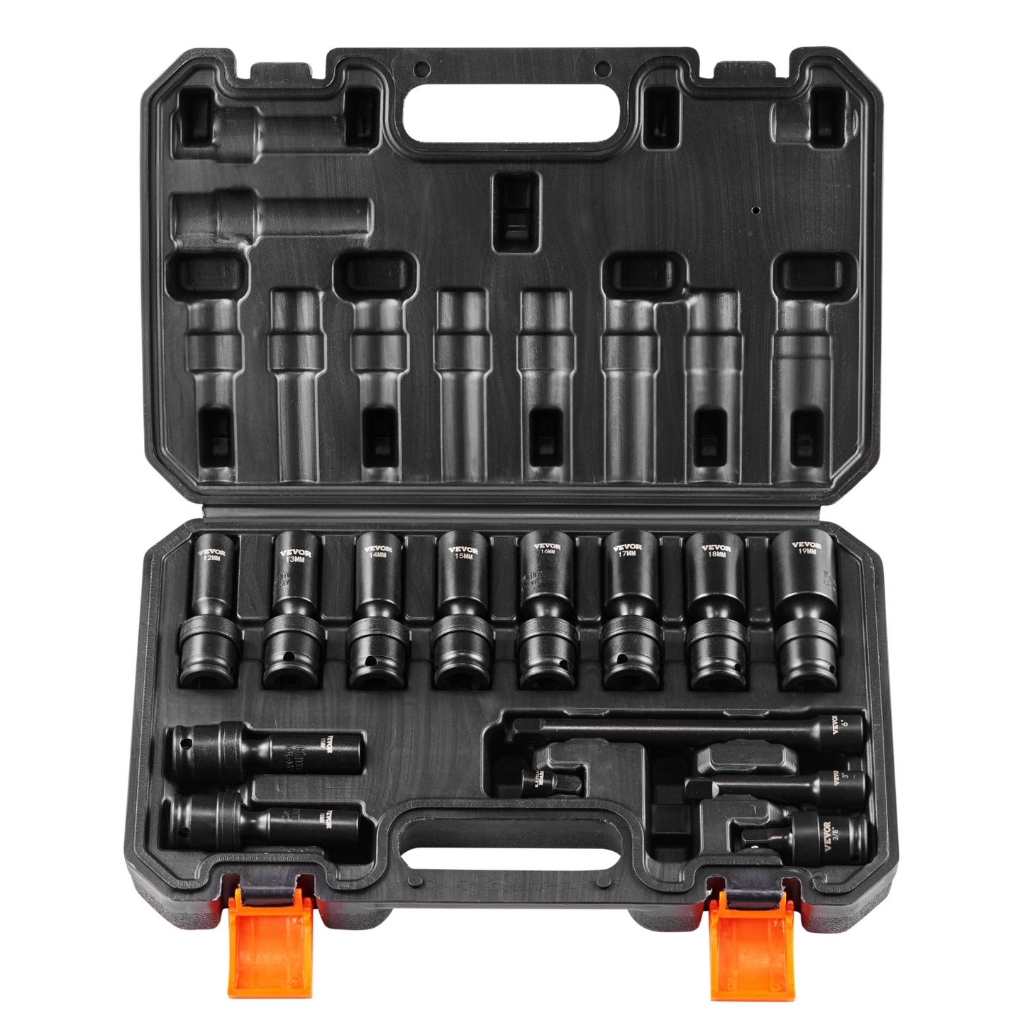 360 Degree Swivel Impact Socket Set, 3/8" Socket Set 14PCS Deep Universal Metric 10-19mm, 6 Point Cr-Mo Alloy Steel for Auto Repair, Easy-to-Read Size Markings, Rugged Construction, Storage Case