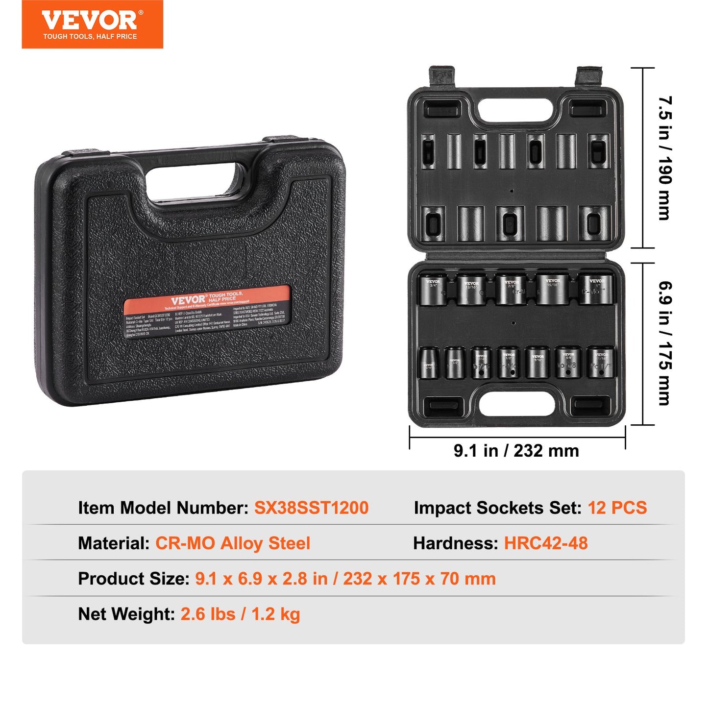 3/8" Drive Impact Socket Set, 12 Piece Shallow Socket Set SAE 5/16"-1", 6 Point Cr-Mo Alloy Steel for Auto Repair, Easy-to-Read Size Markings, Rugged Construction, Includes Storage Case
