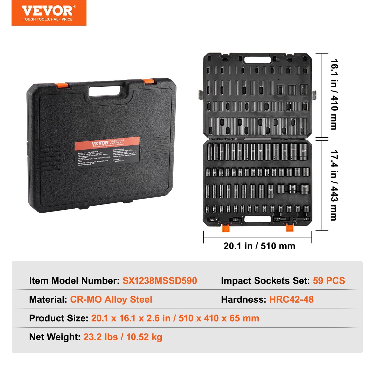 3/8" & 1/2" Drive Impact Socket Set, 59PCS Socket Set SAE 5/16" to 1-1/4" and Metric 6-32mm, 6 Point Cr-Mo Alloy Steel for Auto Repair, Easy-to-Read Markings, Rugged Construction, Storage Case